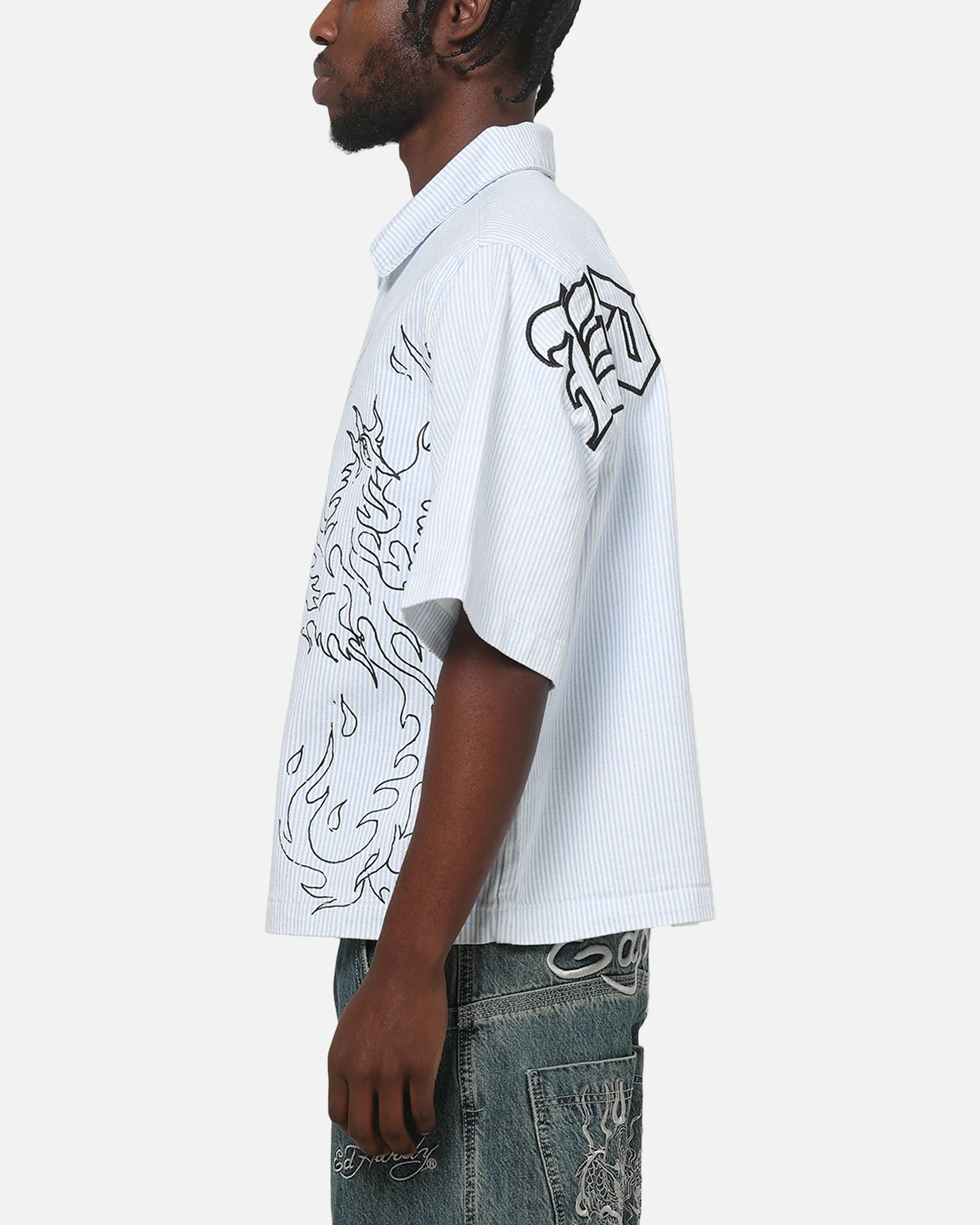 Ed Hardy Ghost Tattoo Button Up Shirt Blue Pinstripe - Image 6