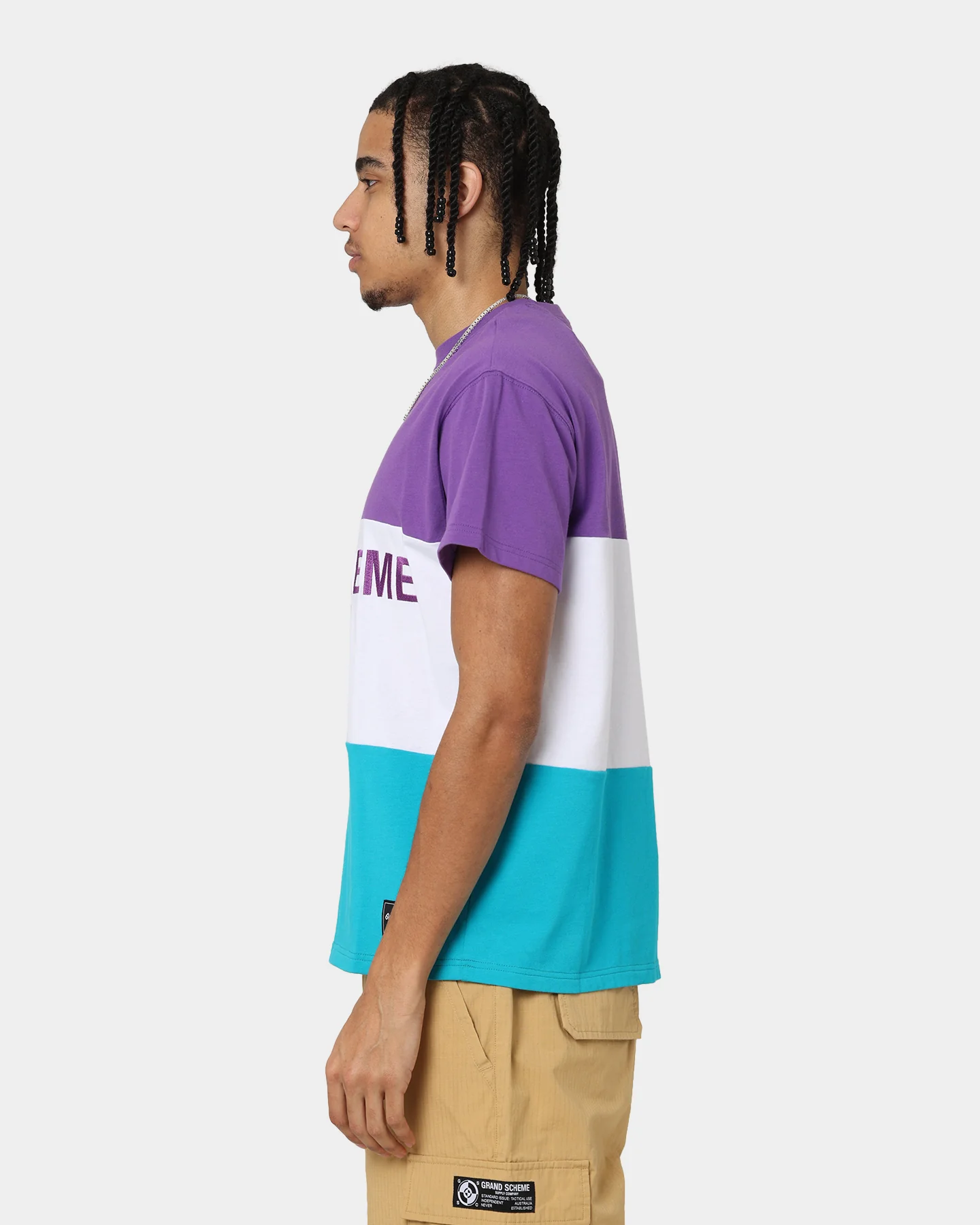 Grand Scheme Colour Block T-Shirt Purple/White/Blue - Image 6