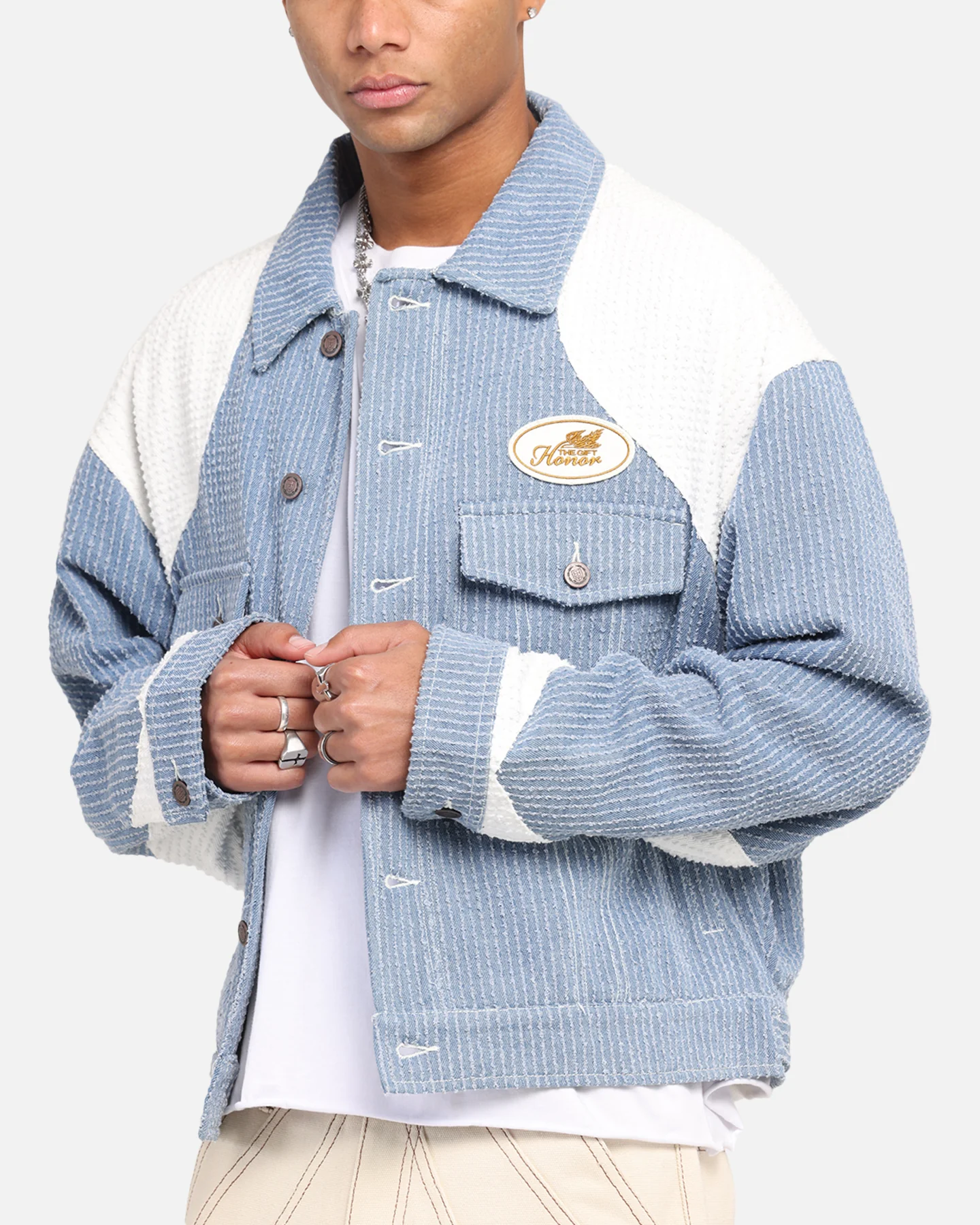 Honor The Gift Color Blocked Trucker Jacket Indigo - Image 6