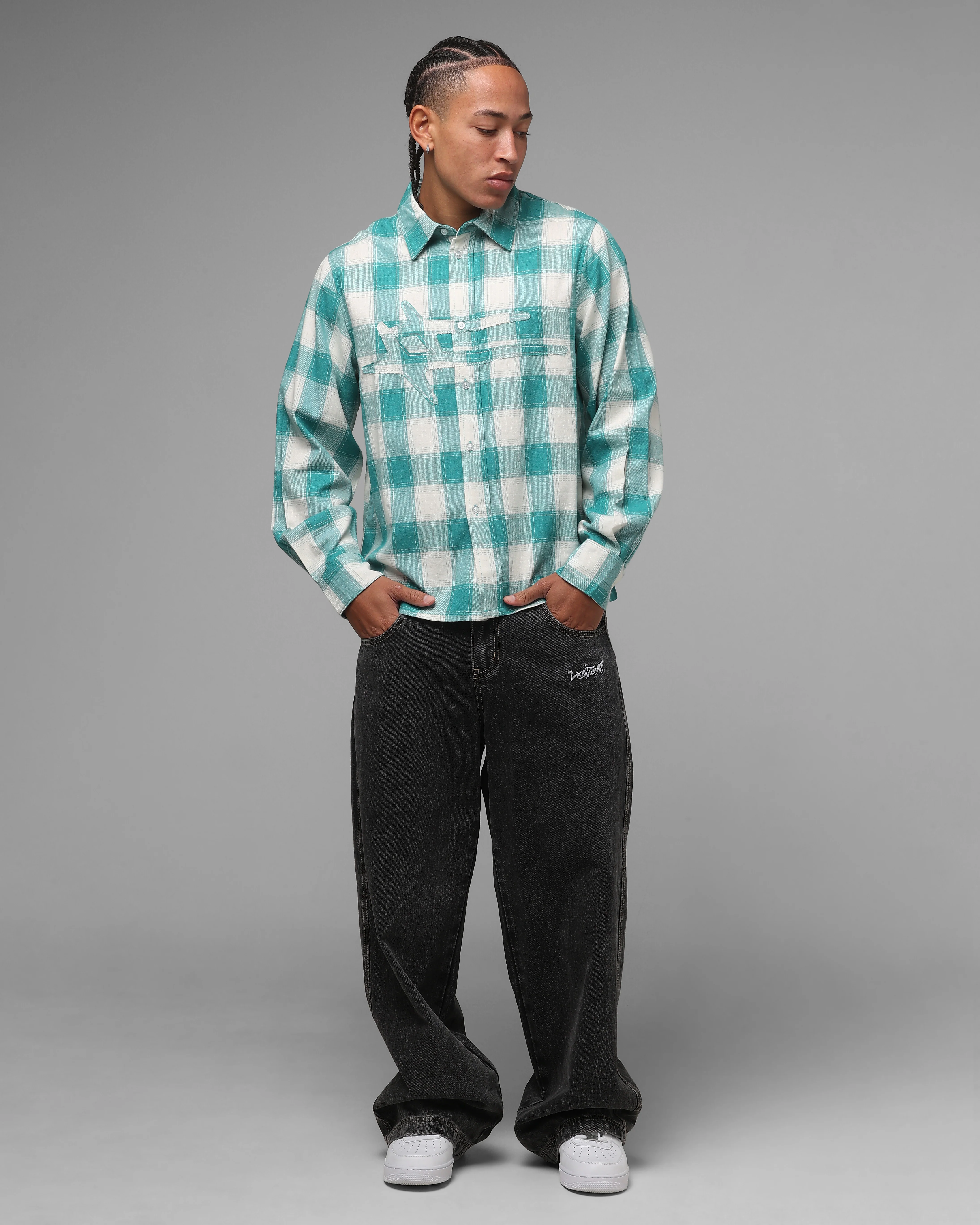 Loiter Hybrid Flannel Button Up Shirt Green-Plaid - Image 3