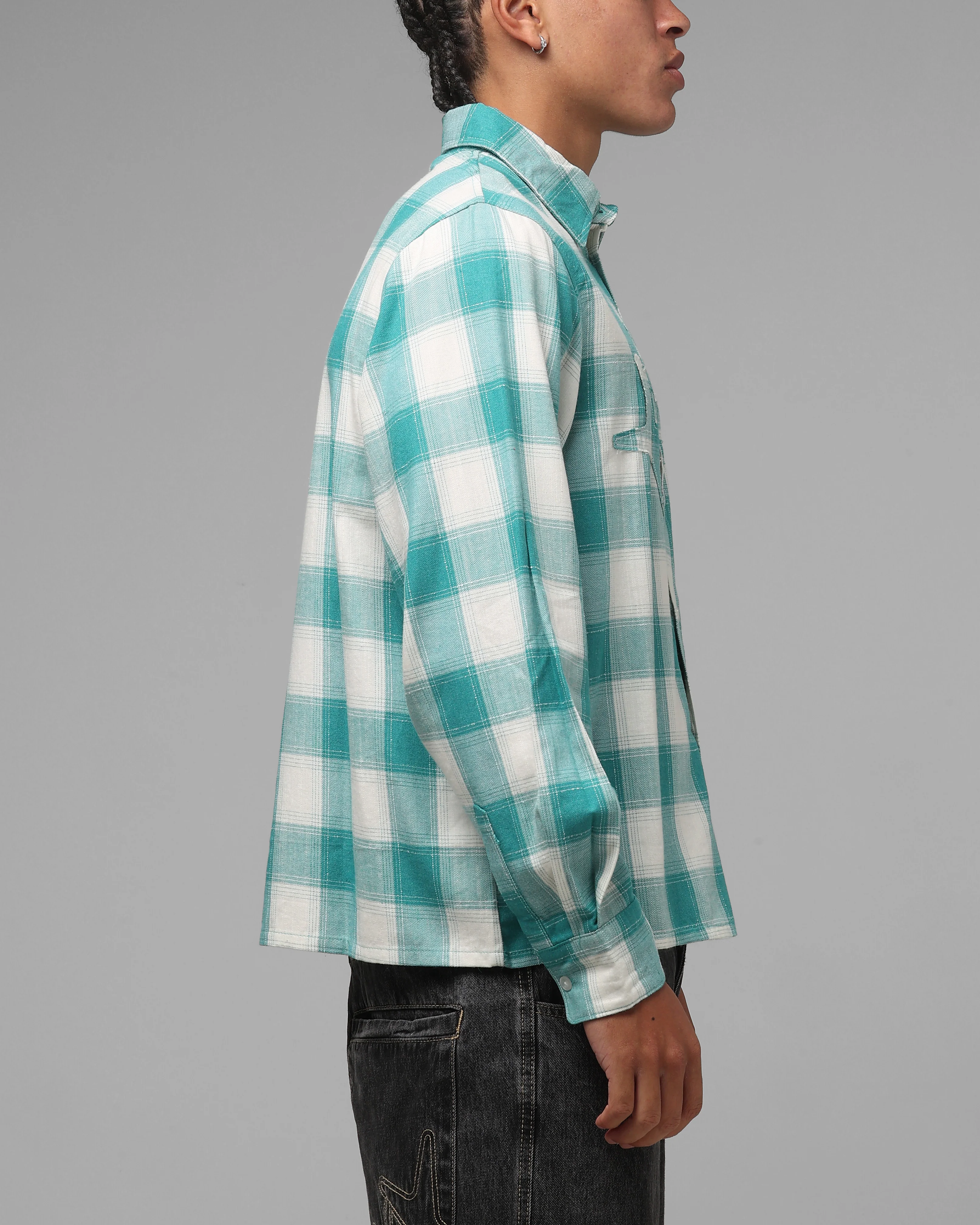 Loiter Hybrid Flannel Button Up Shirt Green-Plaid - Image 5