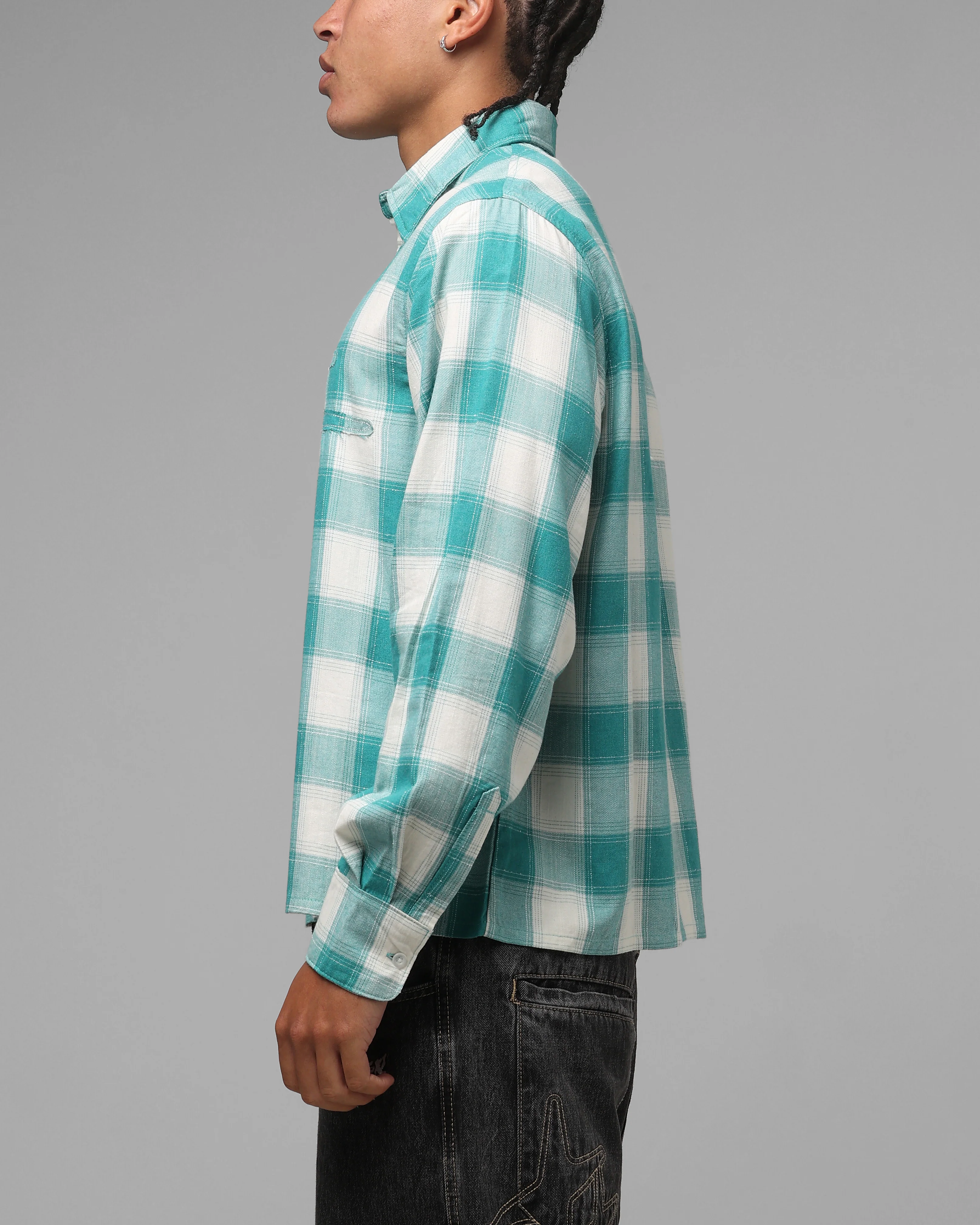 Loiter Hybrid Flannel Button Up Shirt Green-Plaid - Image 6