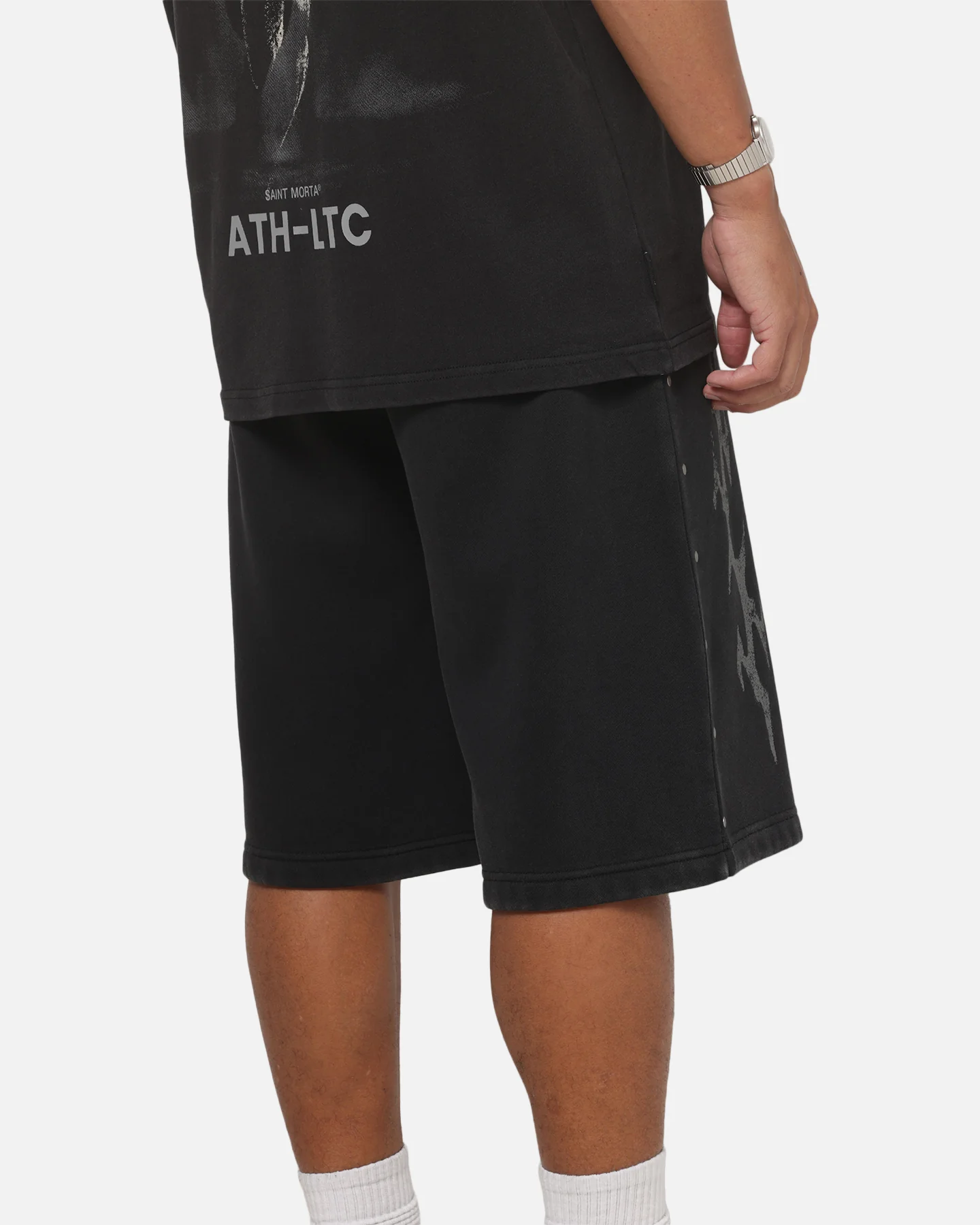 Saint Morta La Familia Baggy Sweat Shorts Washed Black - Image 4