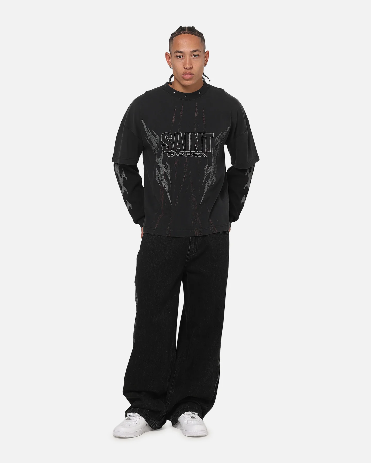 Saint Morta La Familia Layered Long Sleeve T-Shirt Washed Black - Image 3