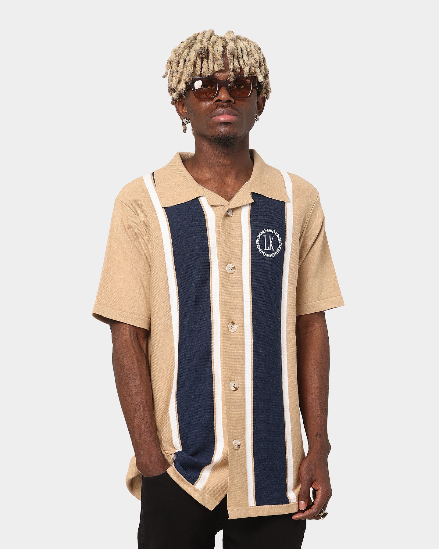 Last Kings Chain Stripe Knit Button Up Sand/Navy - Image 2