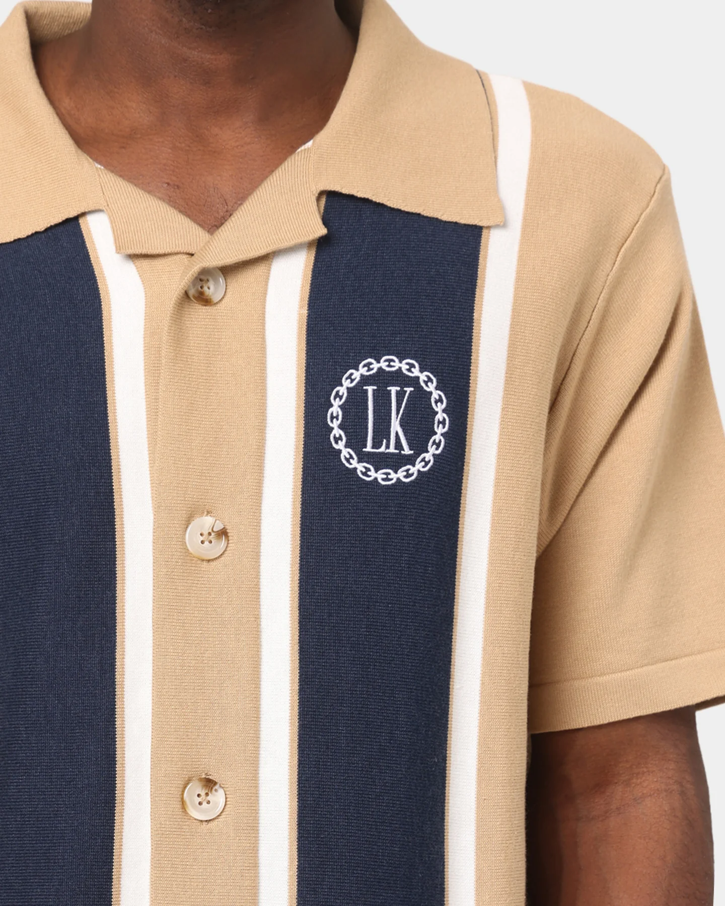 Last Kings Chain Stripe Knit Button Up Sand/Navy - Image 3