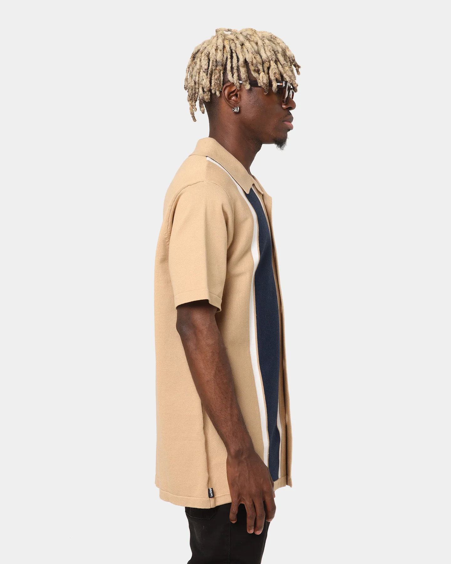 Last Kings Chain Stripe Knit Button Up Sand/Navy - Image 5
