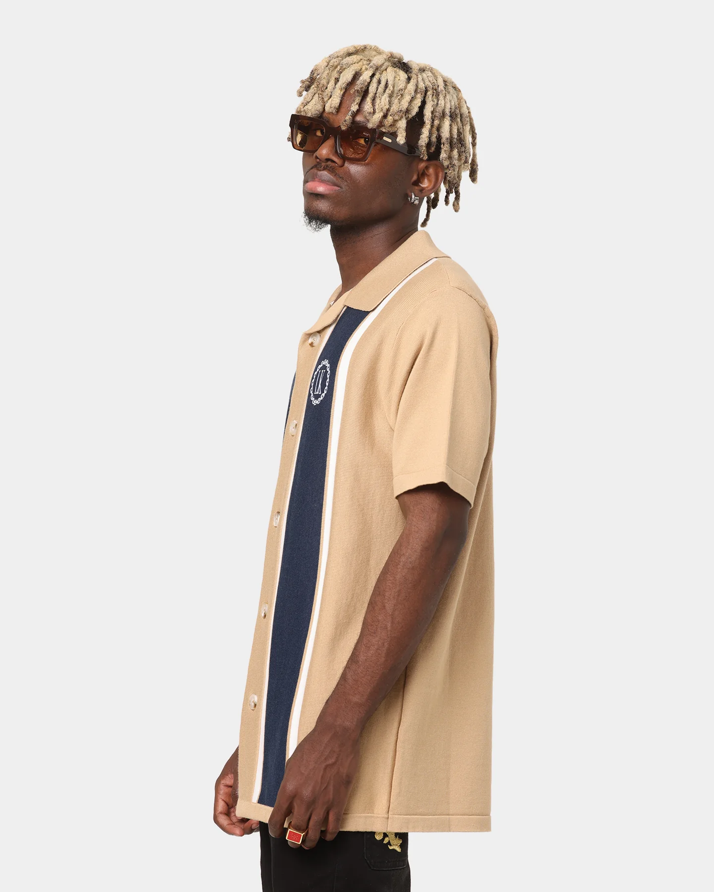 Last Kings Chain Stripe Knit Button Up Sand/Navy - Image 6