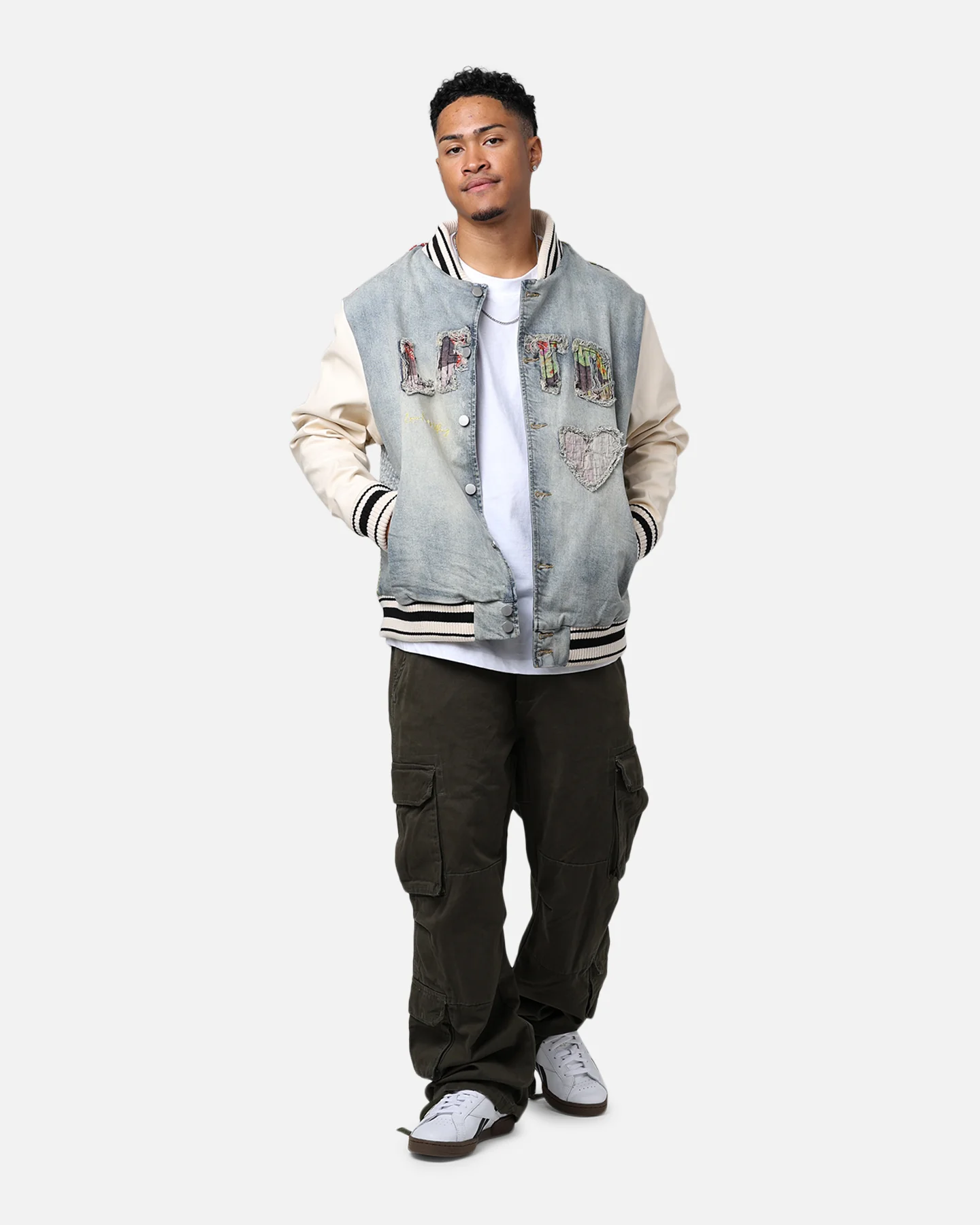 Lifted Anchors "Martina" Boro Denim Varsity Jacket Denim/Cream - Image 3