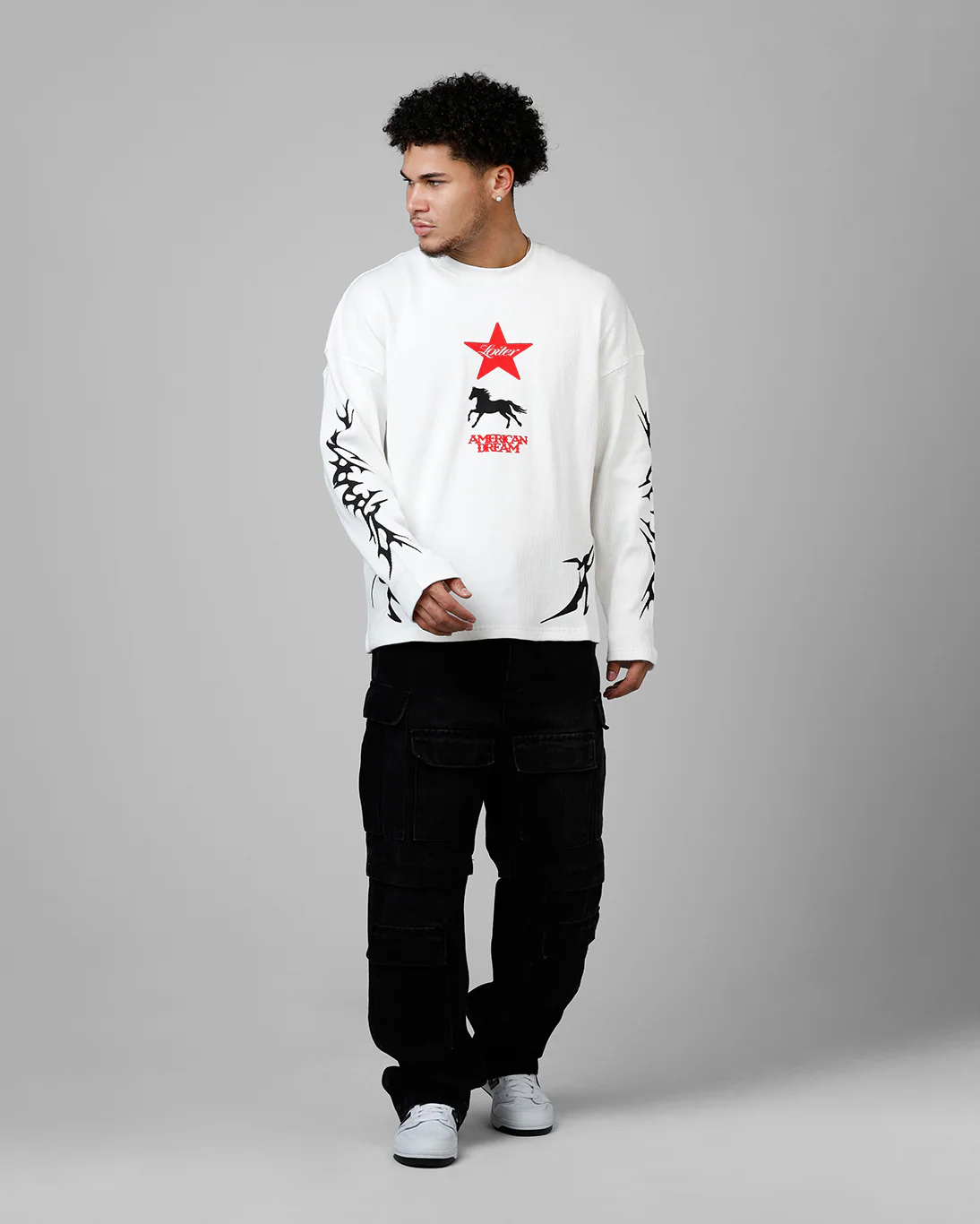 Loiter American Dream Waffle Knit Long Sleeve T-Shirt White - Image 3