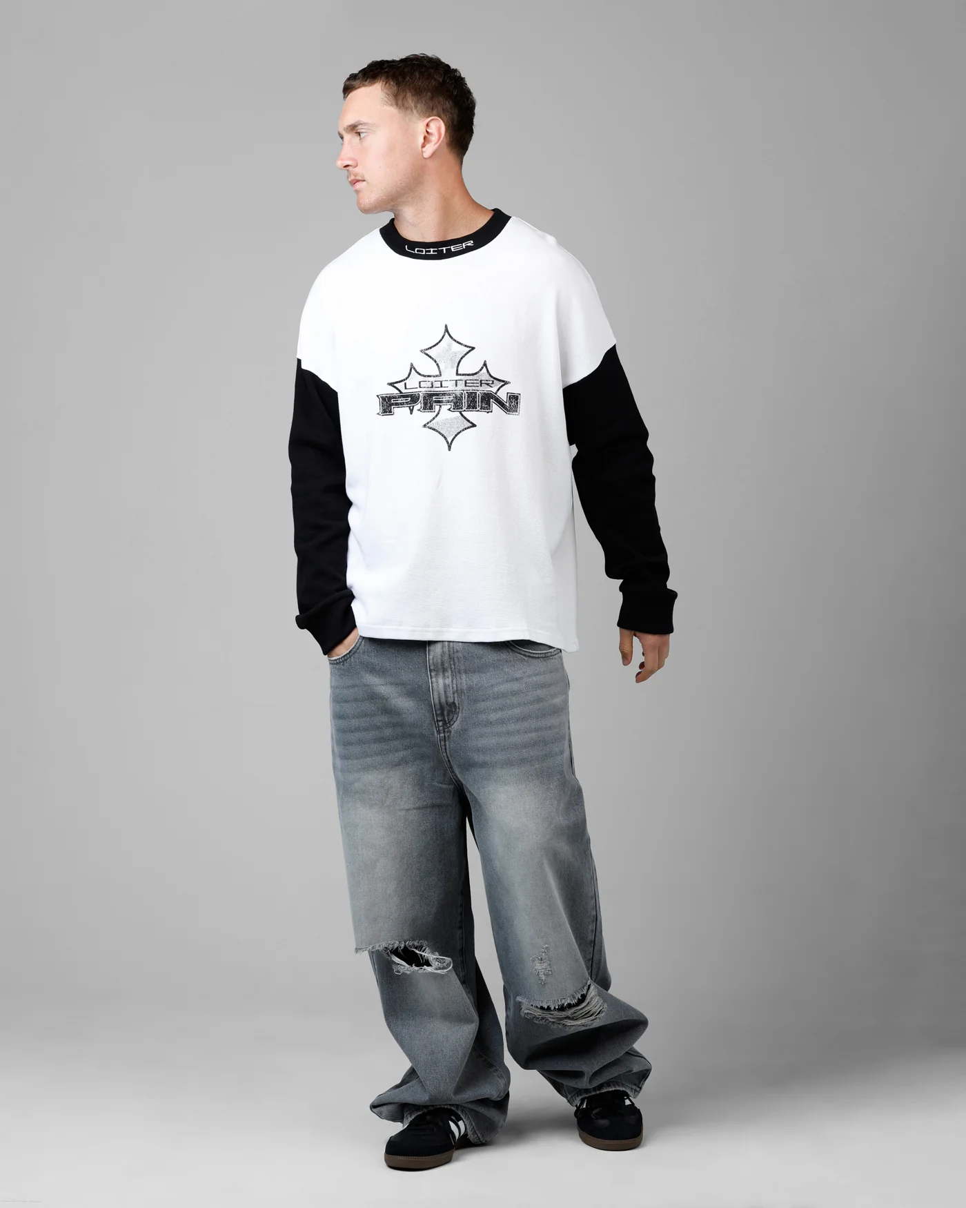 Loiter Biome Waffle Long Sleeve T-Shirt White/Black - Image 3