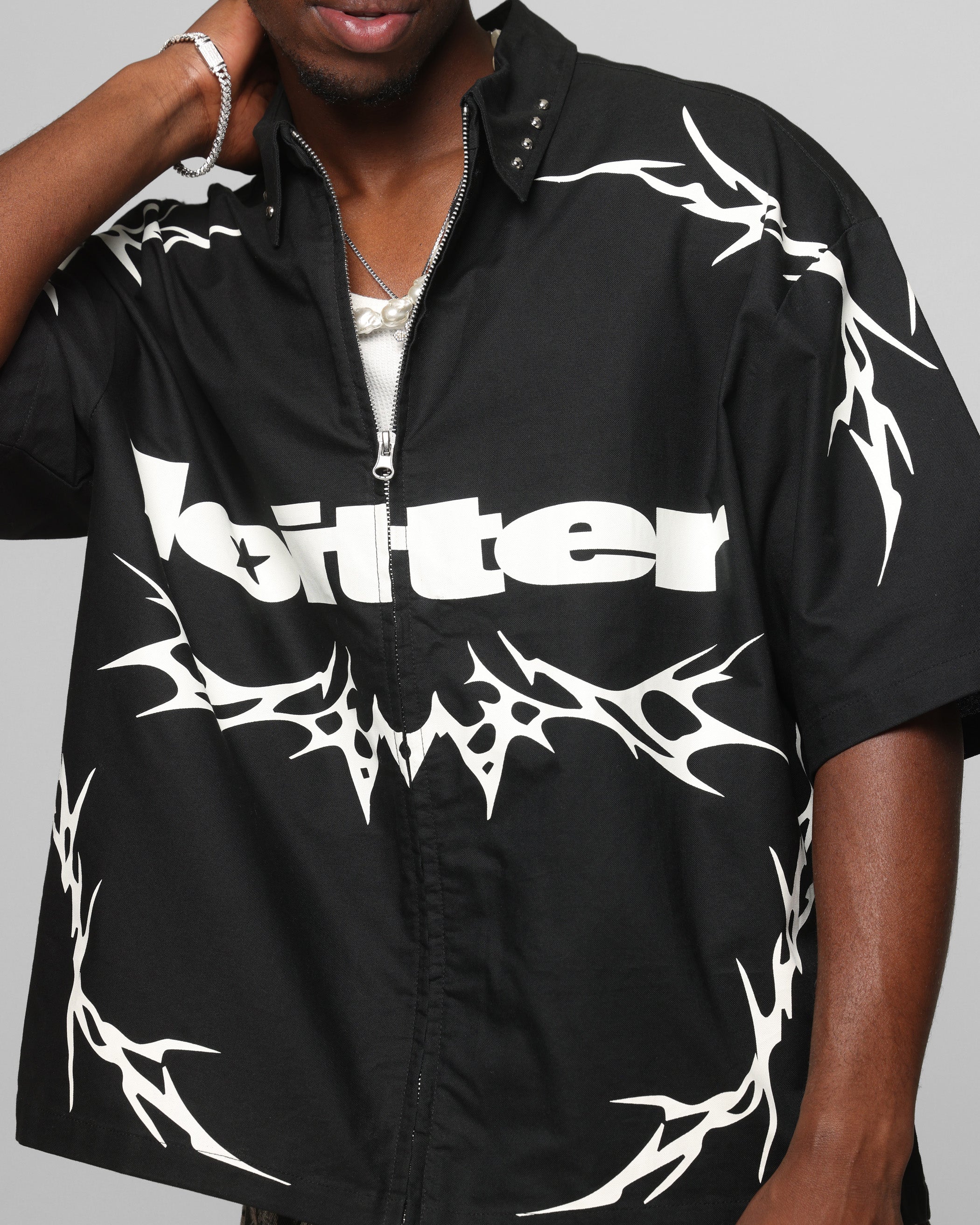 Loiter Cyber Zip Up Short Sleeve Shirt Black - Image 7