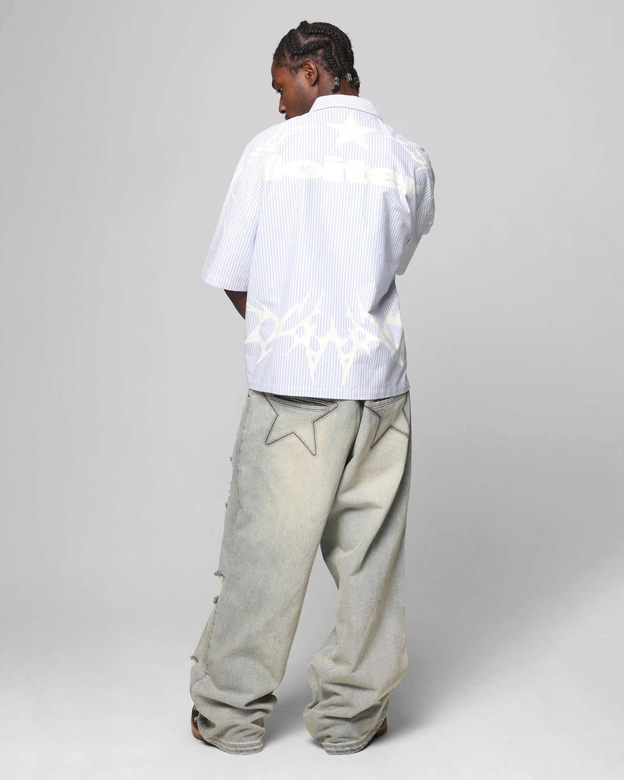 Loiter Cyber Zip Up Short Sleeve Shirt Blue Pin Stripe - Image 4