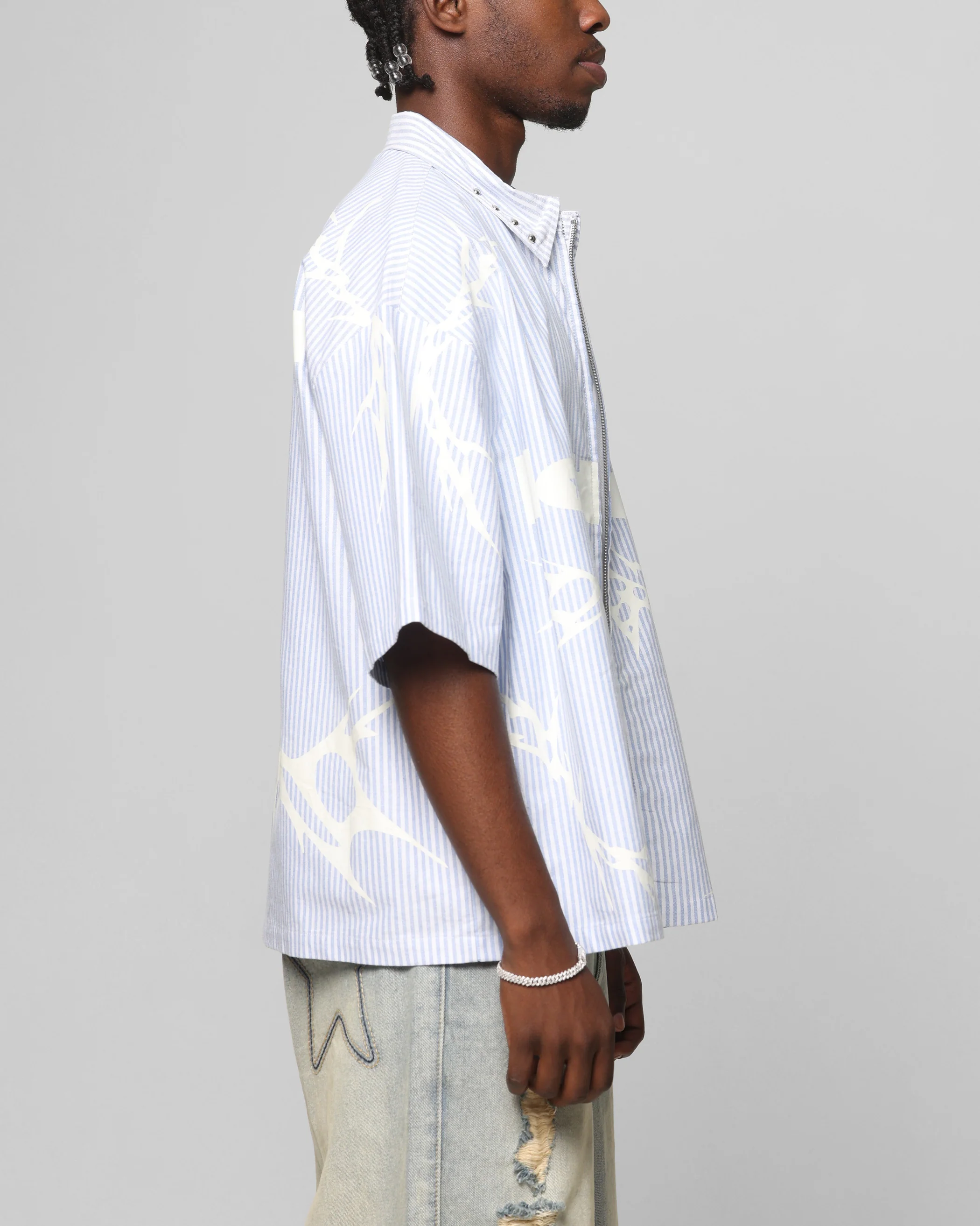 Loiter Cyber Zip Up Short Sleeve Shirt Blue Pin Stripe - Image 5