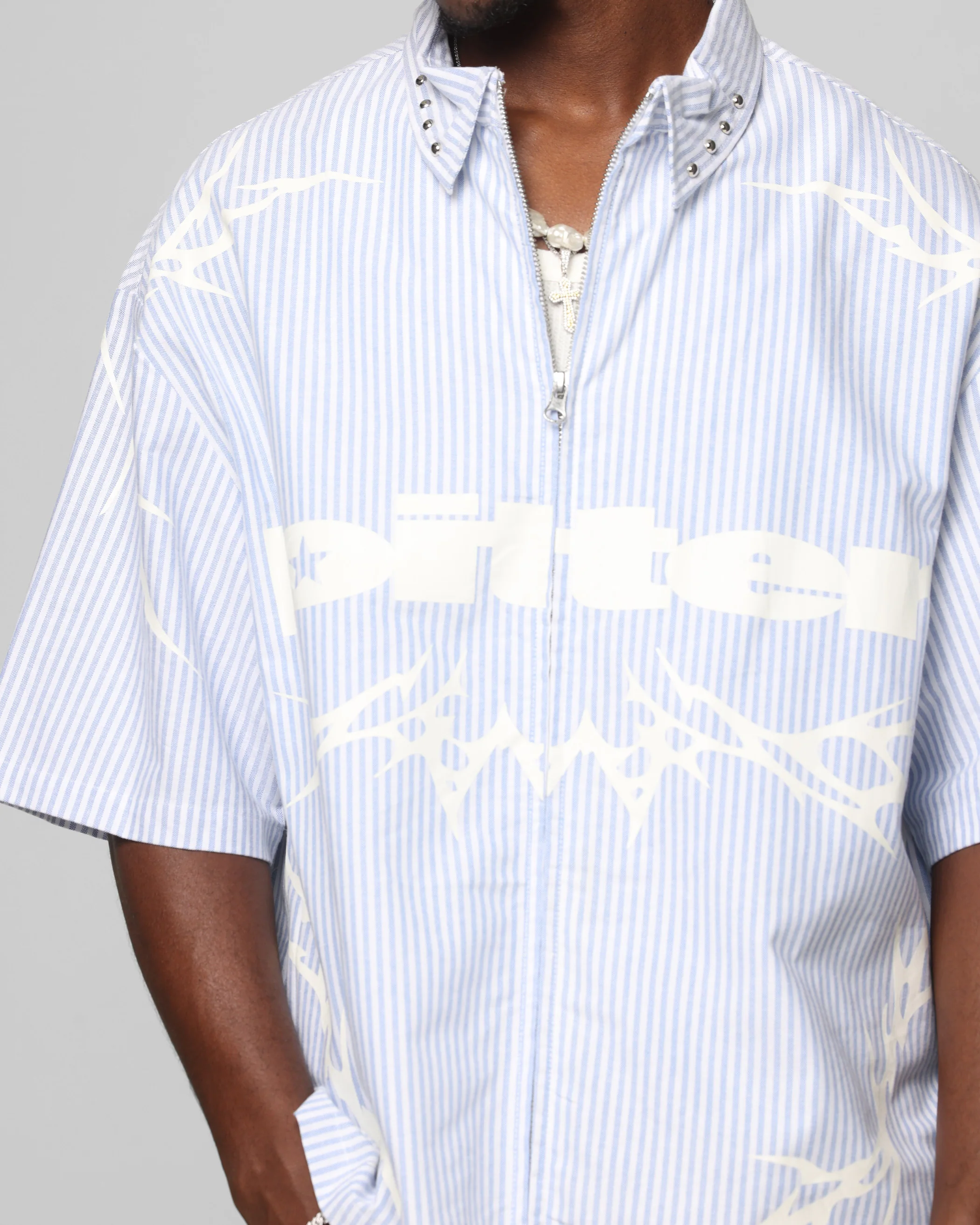 Loiter Cyber Zip Up Short Sleeve Shirt Blue Pin Stripe - Image 7