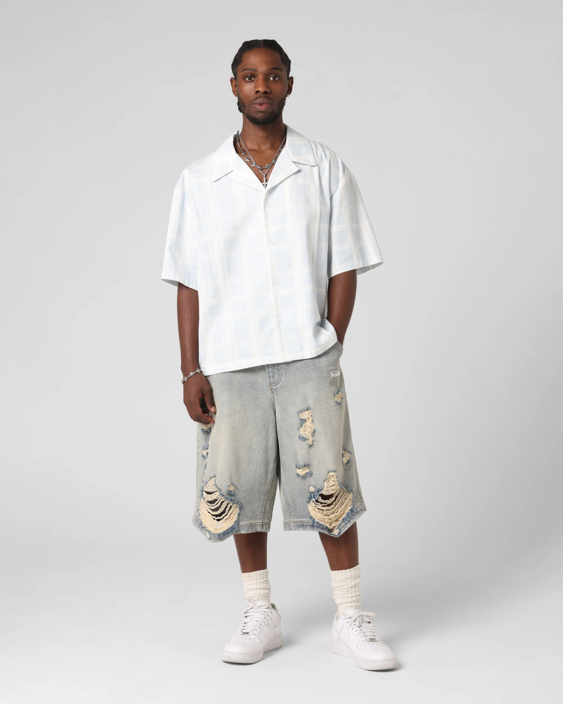 Loiter Daytona Button Up Shirt Blue Check - Image 4