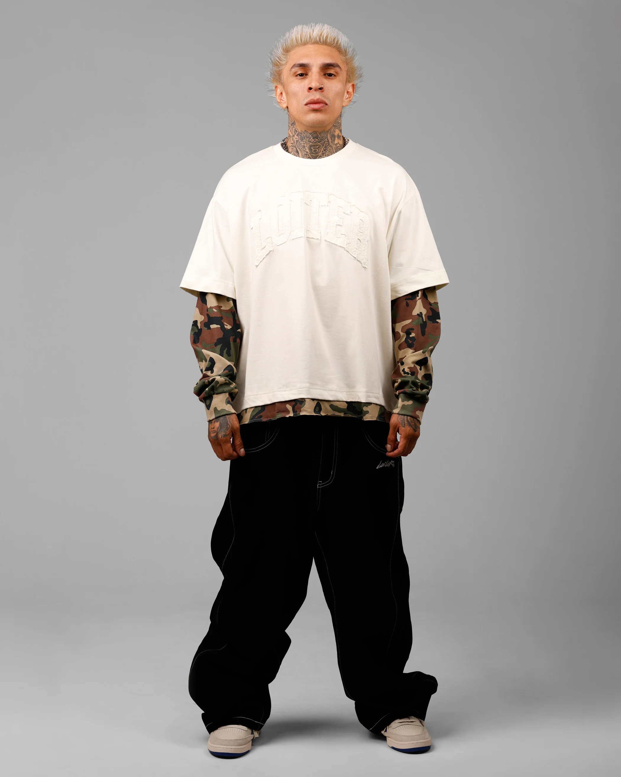 Loiter Impact Long Sleeve T-Shirt Washed White/Camo - Image 3
