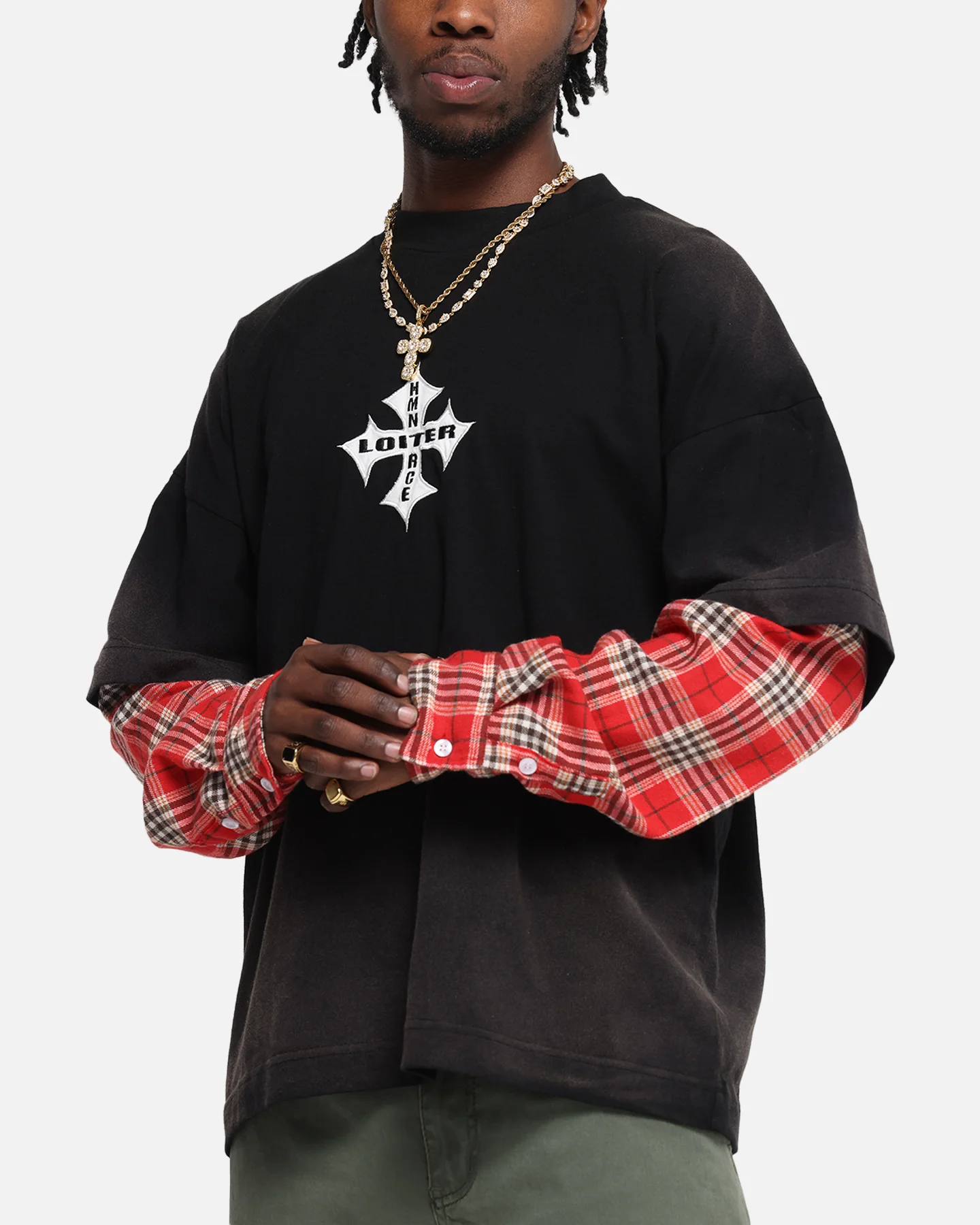 Loiter Layered Flannel T-Shirt Black/Red - Image 6