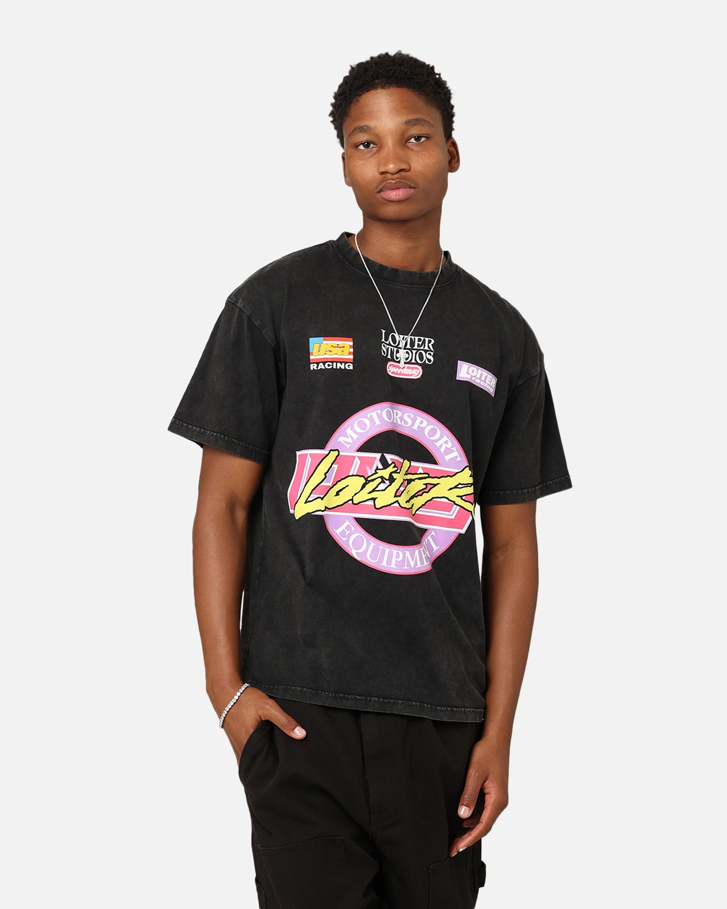 Loiter Motorsport T-Shirt Black Acid Wash - Image 2