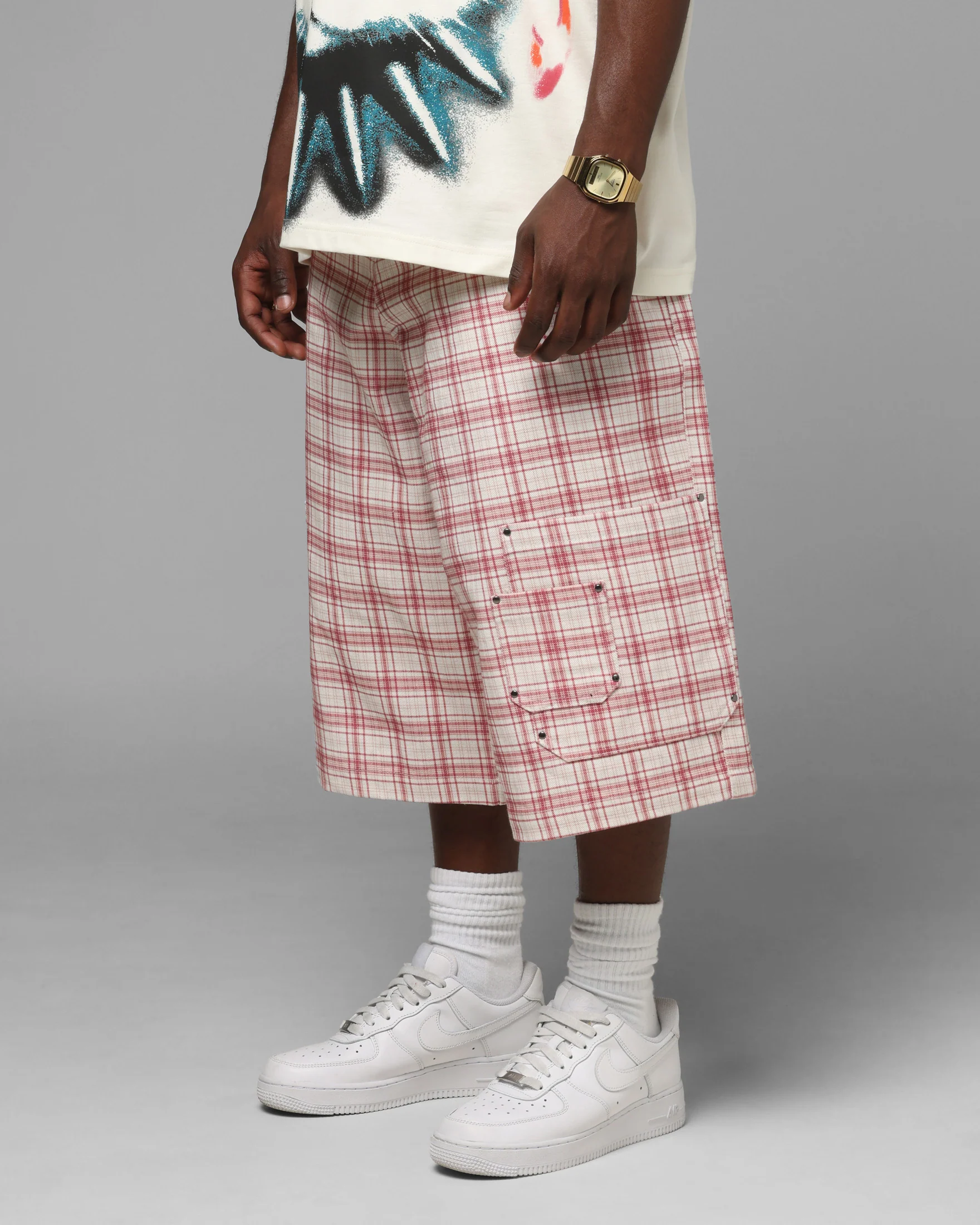 Loiter Utility Cargo Shorts Pink Check - Image 6