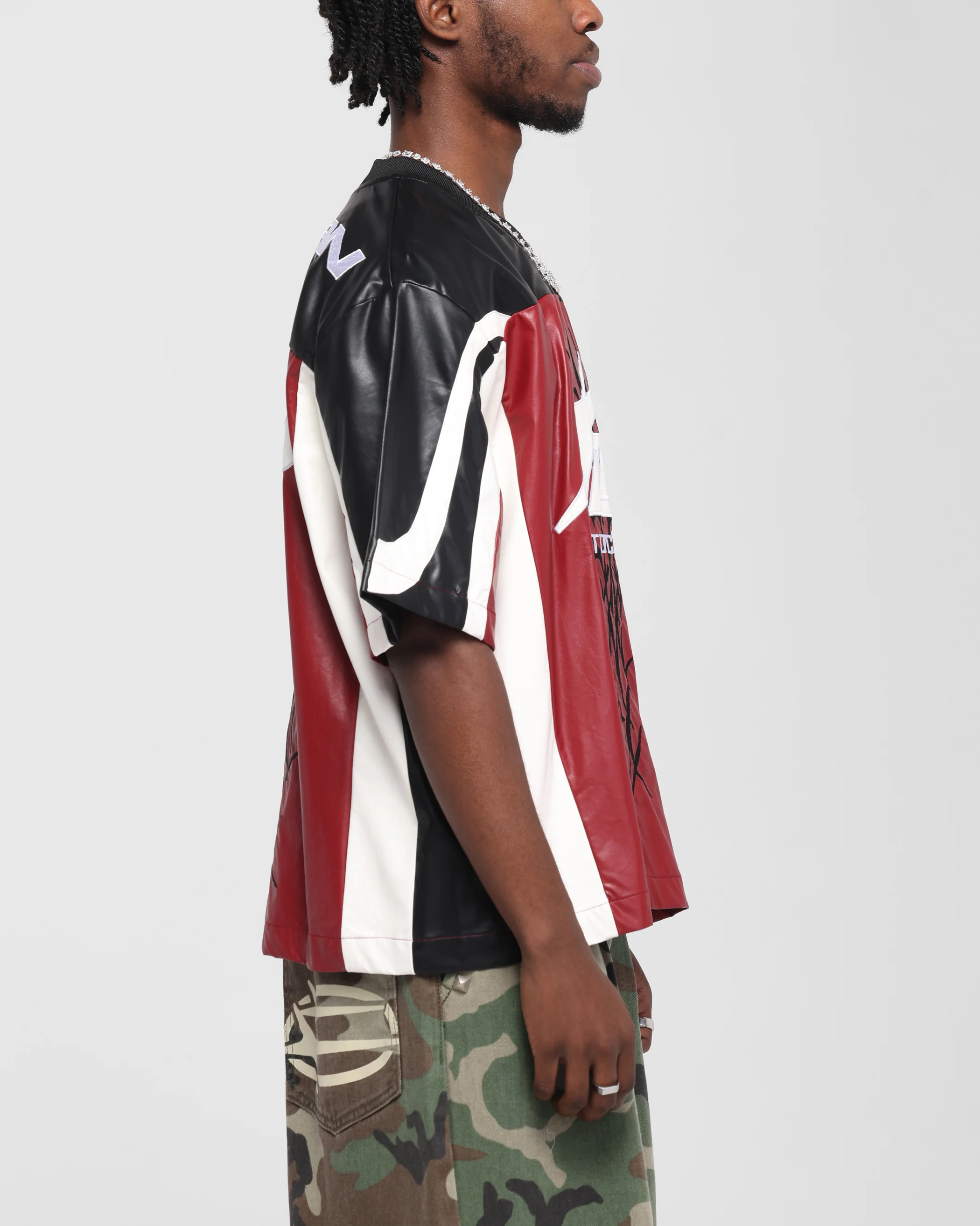 Loiter Vegan Leather Football Top Red/Black - Image 5