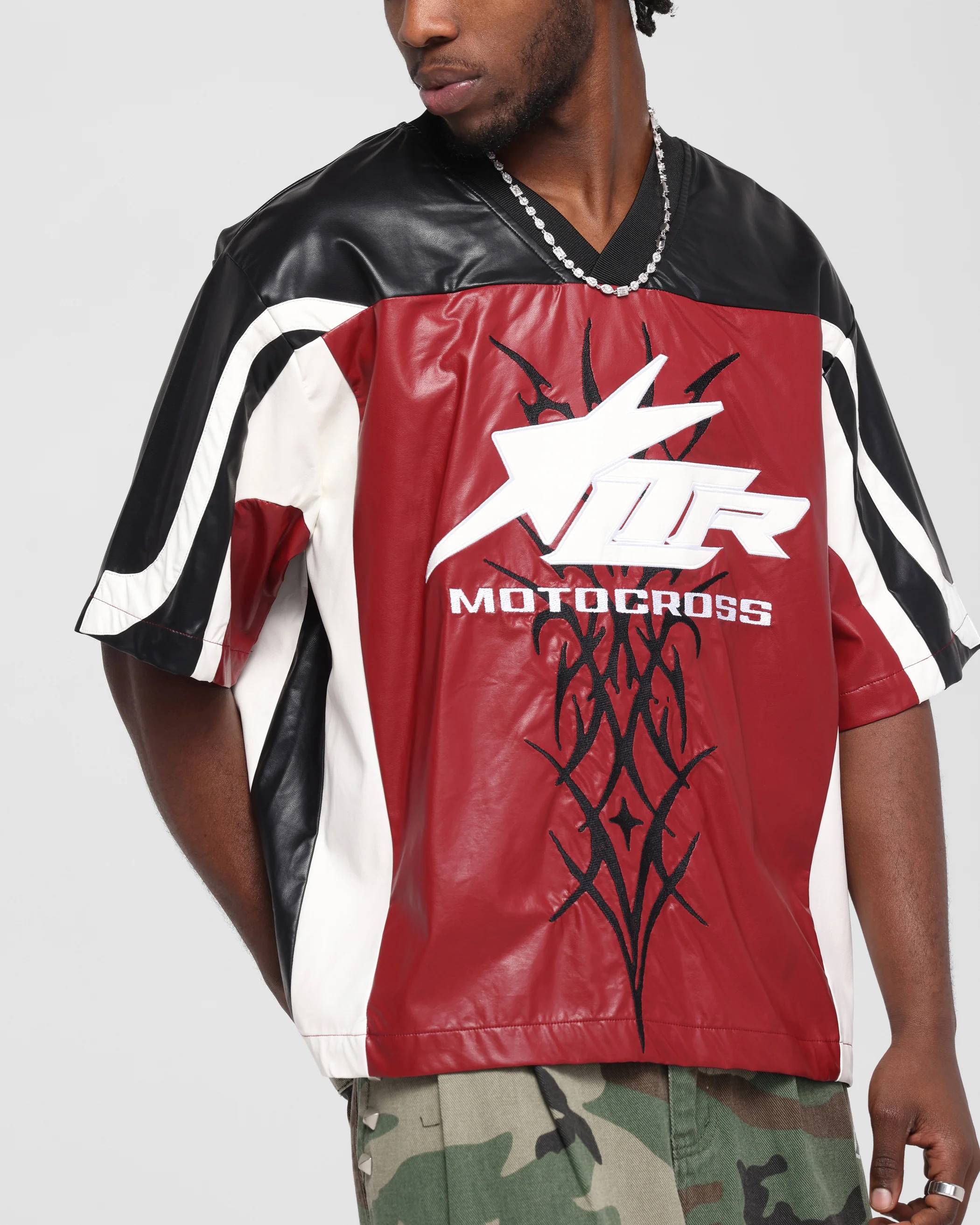 Loiter Vegan Leather Football Top Red/Black - Image 7