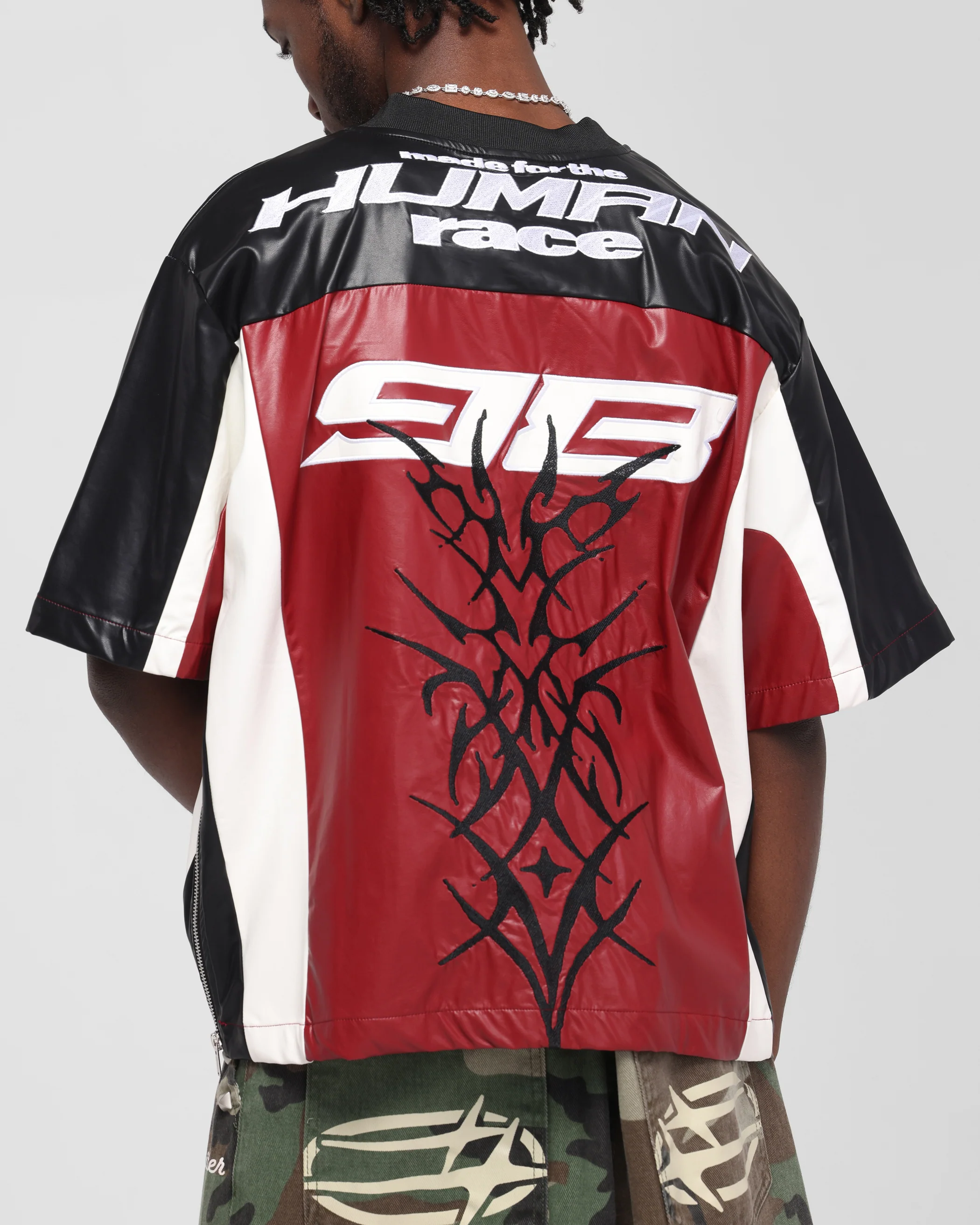 Loiter Vegan Leather Football Top Red/Black - Image 8
