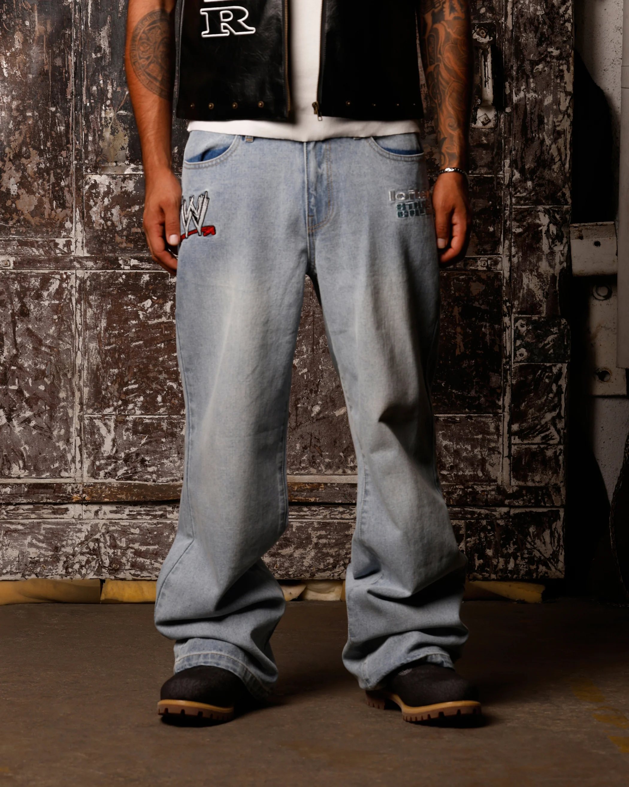 Loiter X WWE Stone Cold Washed Jeans Vintage Blue Wash - Image 2