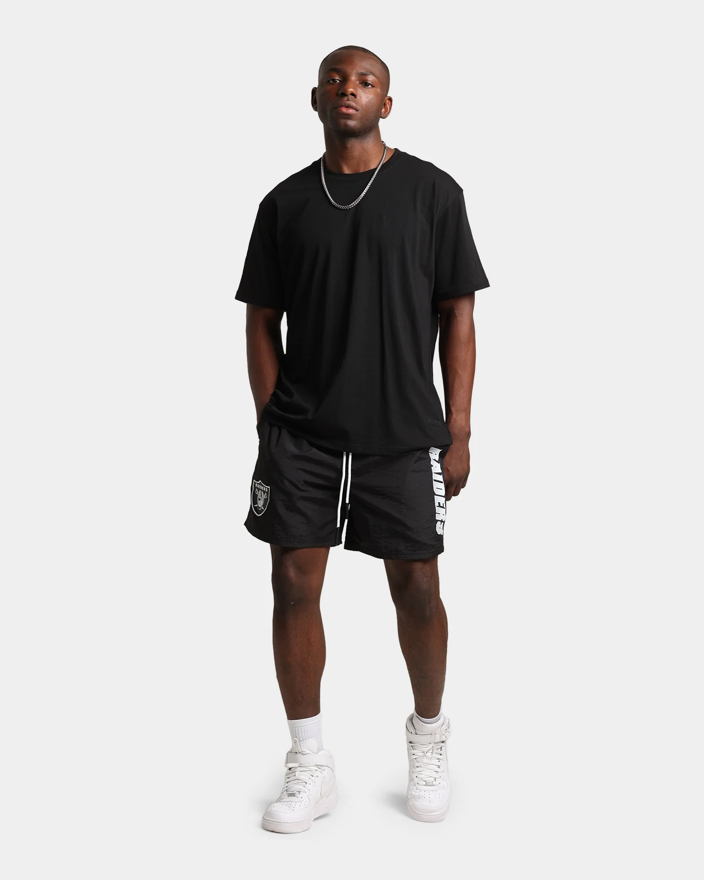 Majestic Athletic Las Vegas Raiders Chrome Font Beach Shorts Black - Image 2