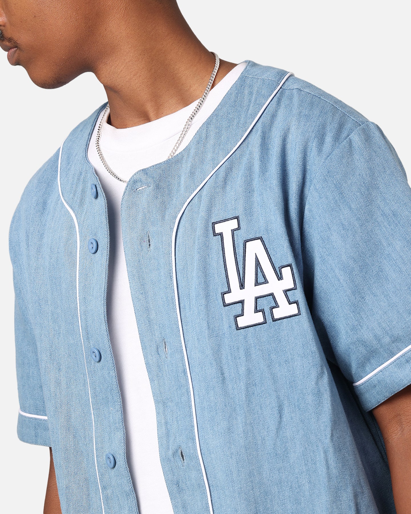 Majestic Athletic Los Angeles Dodgers Denim Button Up Shirt Washed Blue Denim - Image 6