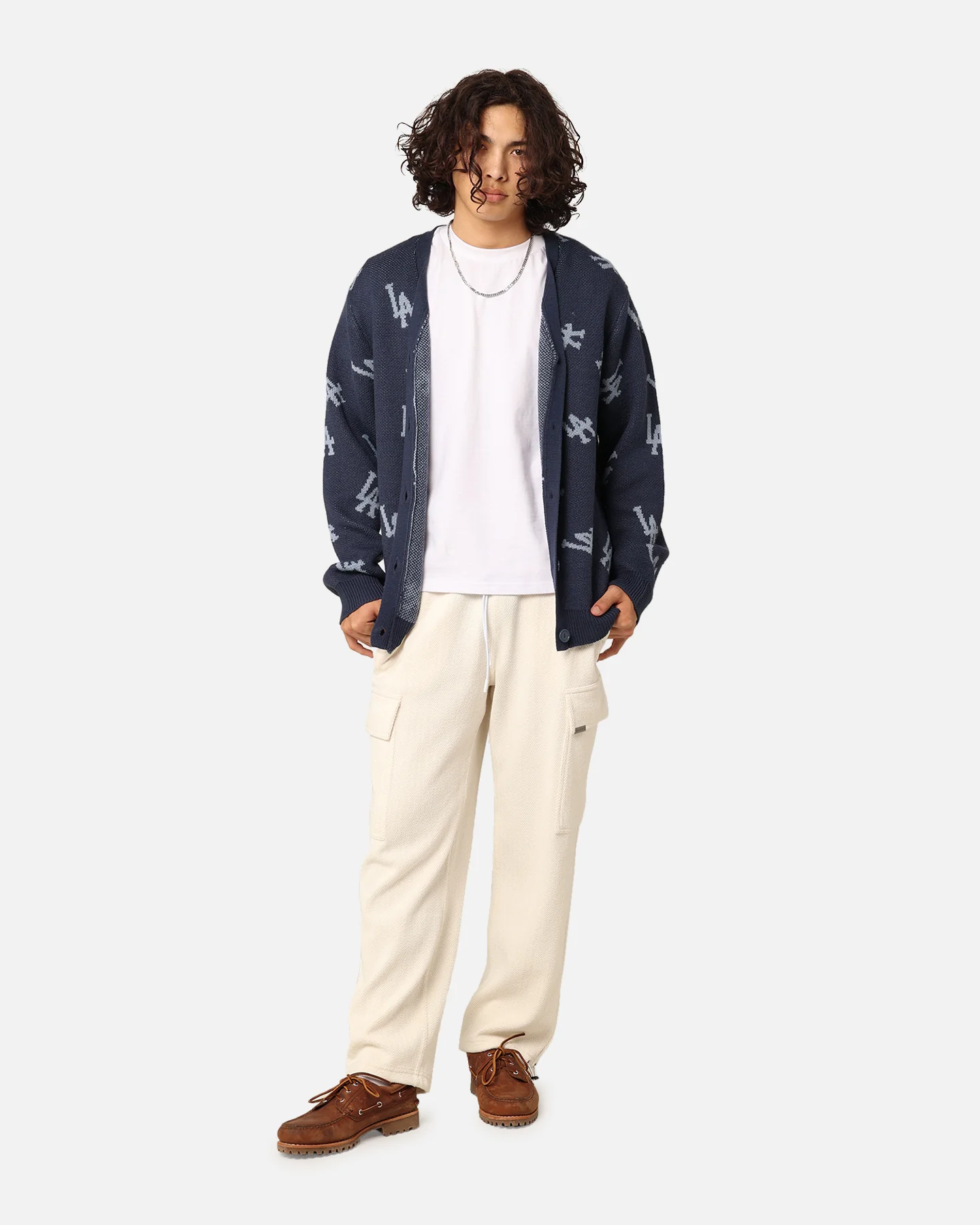 Majestic Athletic Los Angeles Dodgers Shaggy Knit Varsity Cardigan French Navy - Image 2