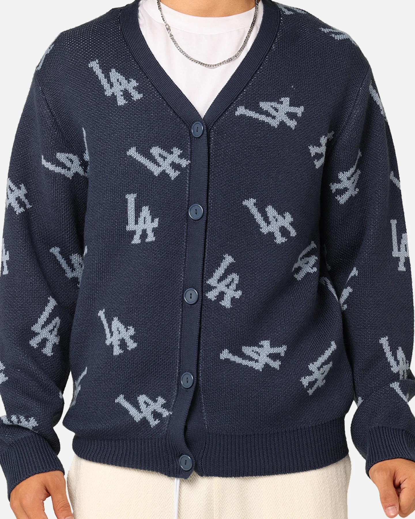 Majestic Athletic Los Angeles Dodgers Shaggy Knit Varsity Cardigan French Navy - Image 3