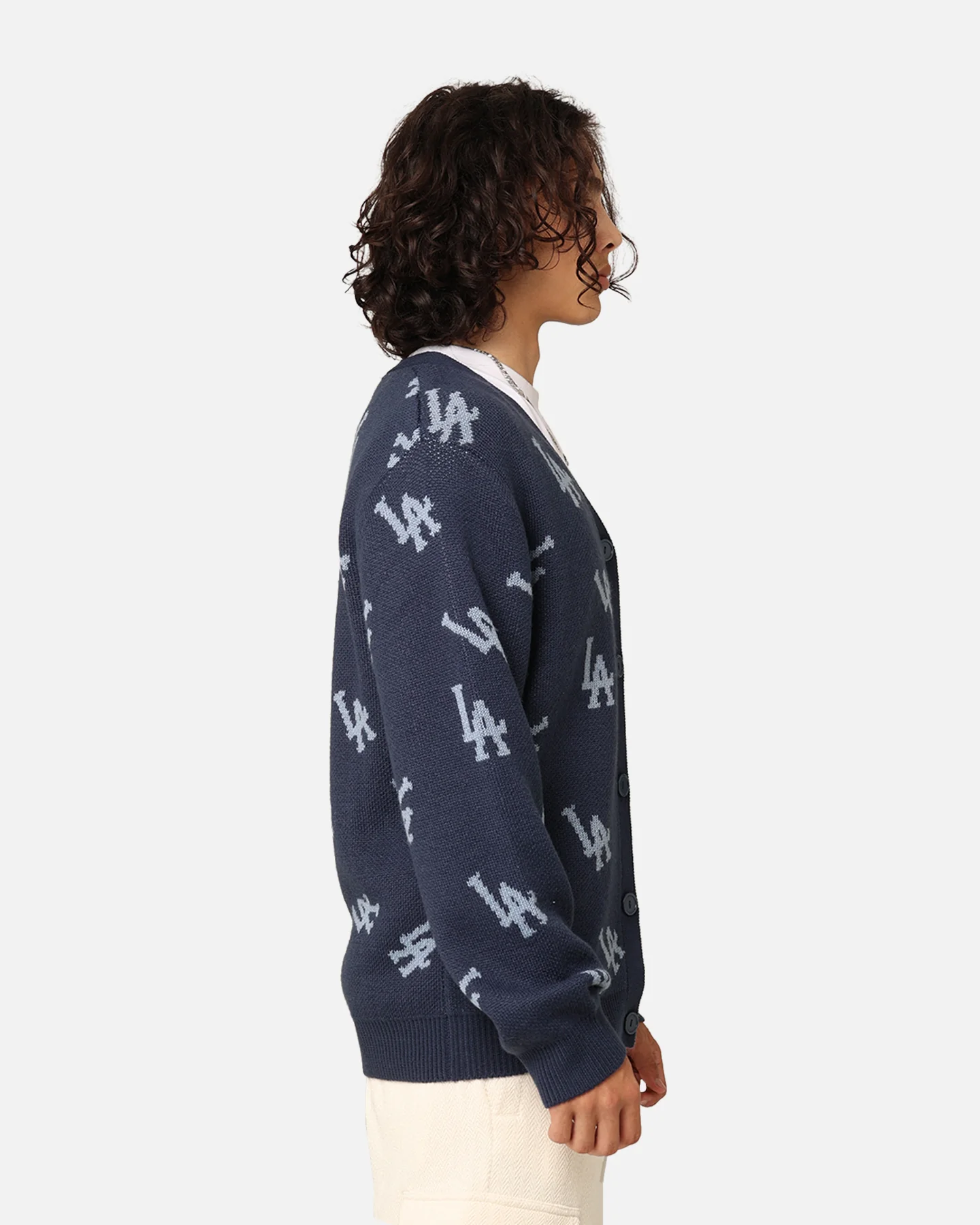 Majestic Athletic Los Angeles Dodgers Shaggy Knit Varsity Cardigan French Navy - Image 5