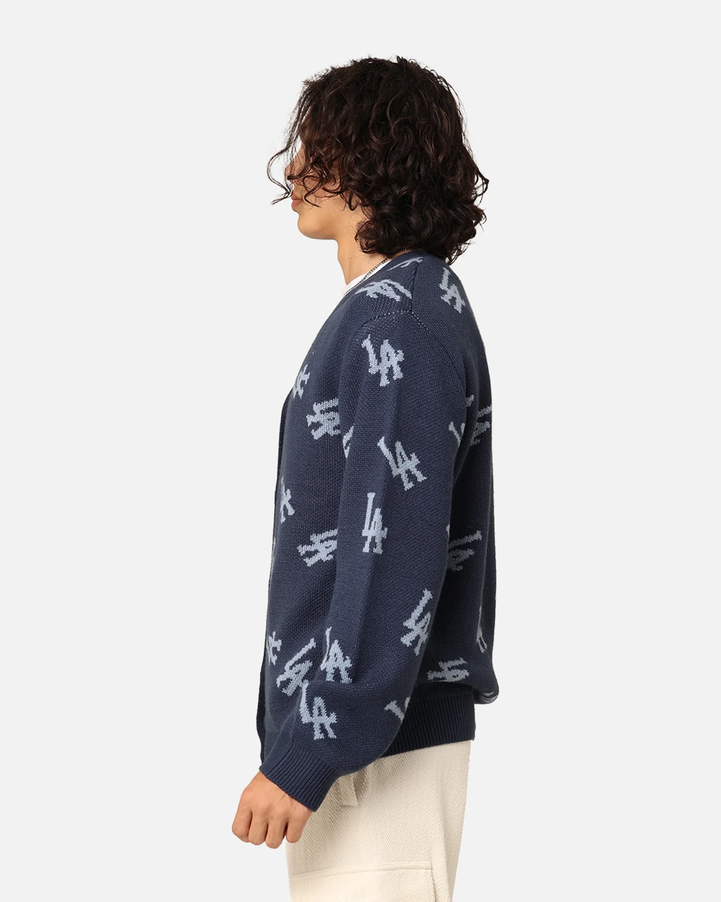 Majestic Athletic Los Angeles Dodgers Shaggy Knit Varsity Cardigan French Navy - Image 6