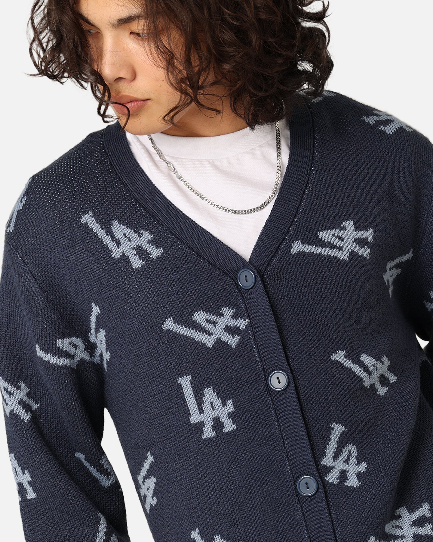 Majestic Athletic Los Angeles Dodgers Shaggy Knit Varsity Cardigan French Navy - Image 7