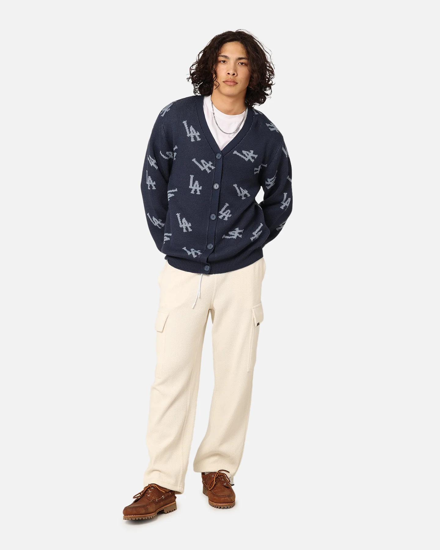 Majestic Athletic Los Angeles Dodgers Shaggy Knit Varsity Cardigan French Navy - Image 8