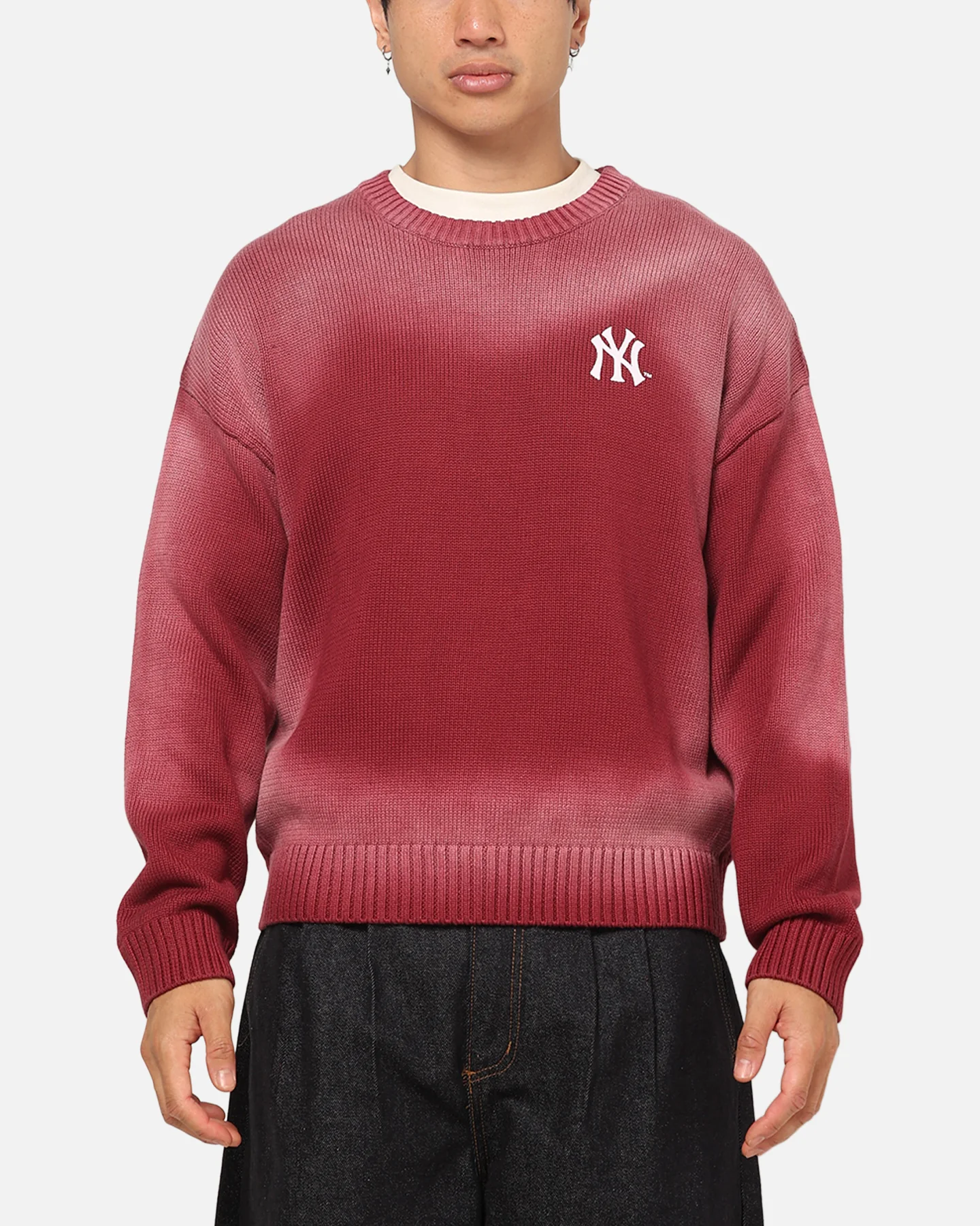 Majestic Athletic New York Yankees Black Letter Knit Crewneck Sour Cherry - Image 2