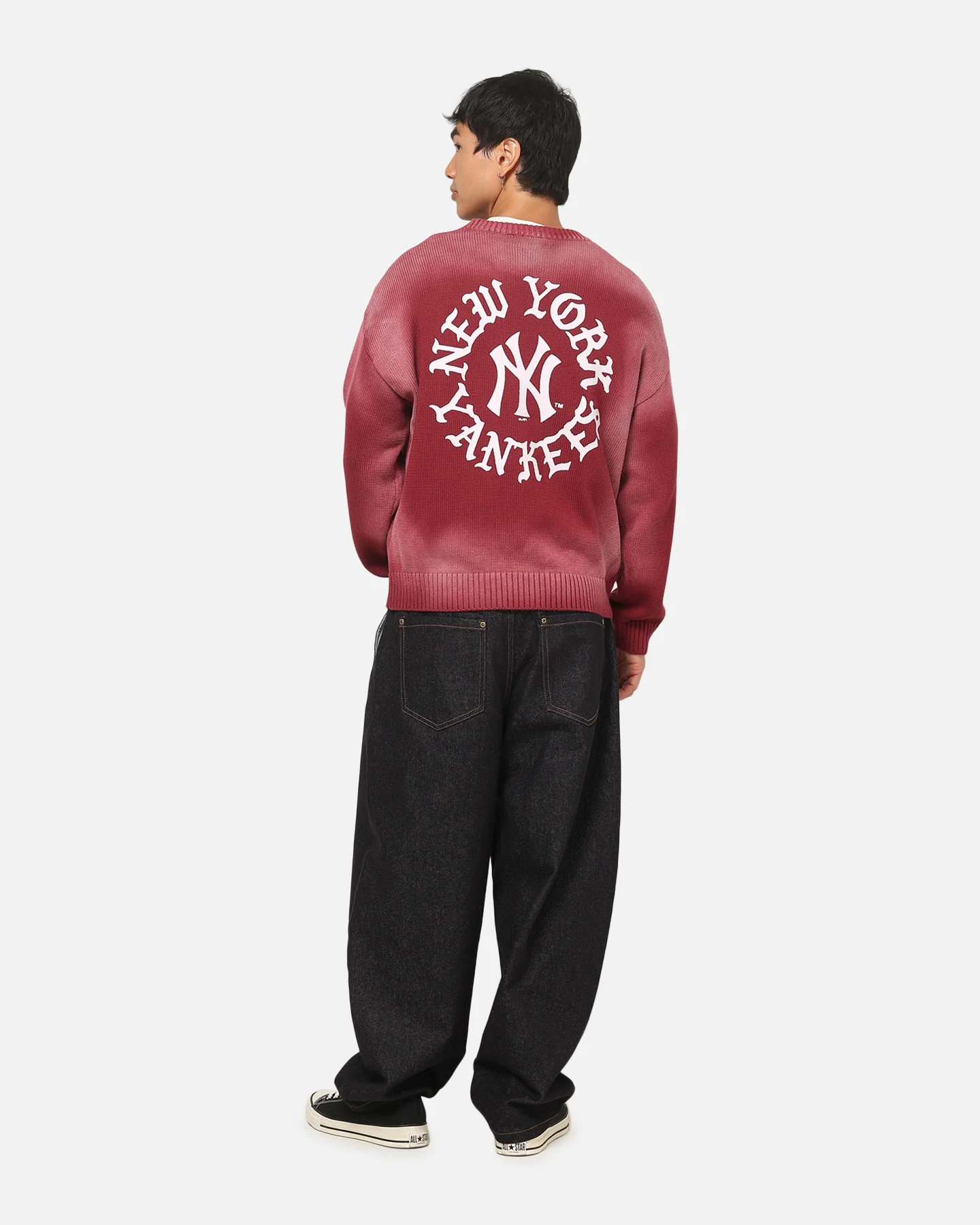 Majestic Athletic New York Yankees Black Letter Knit Crewneck Sour Cherry - Image 3