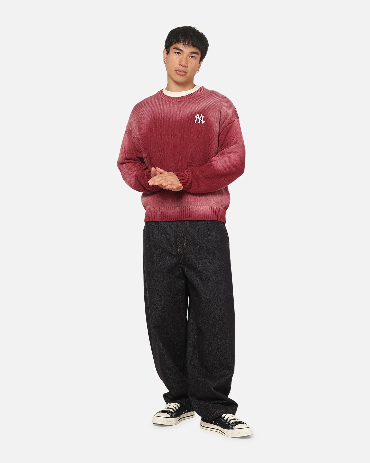 Majestic Athletic New York Yankees Black Letter Knit Crewneck Sour Cherry - Image 4