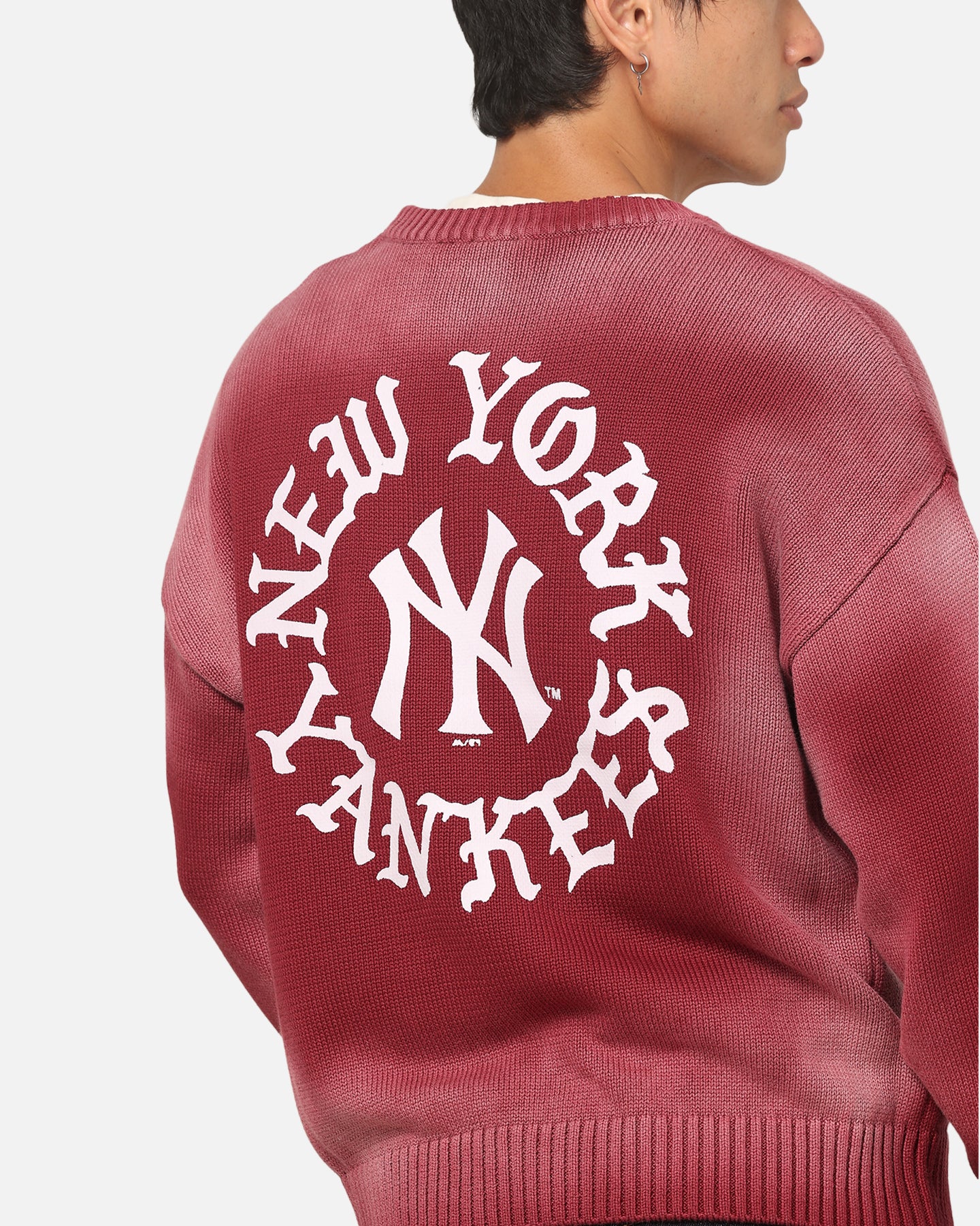 Majestic Athletic New York Yankees Black Letter Knit Crewneck Sour Cherry - Image 7