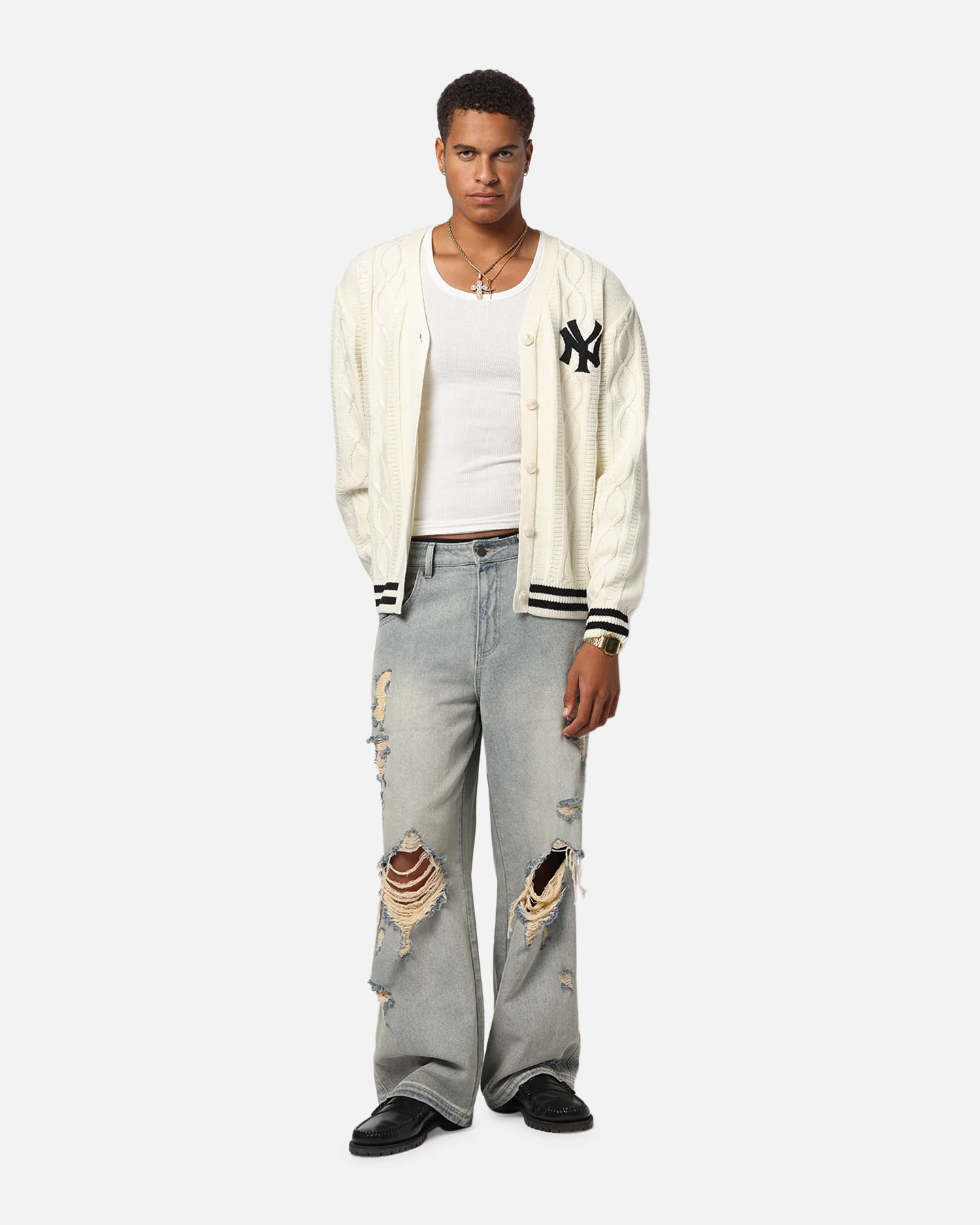 Majestic Athletic New York Yankees Boxy Cardigan Vintage White - Image 2