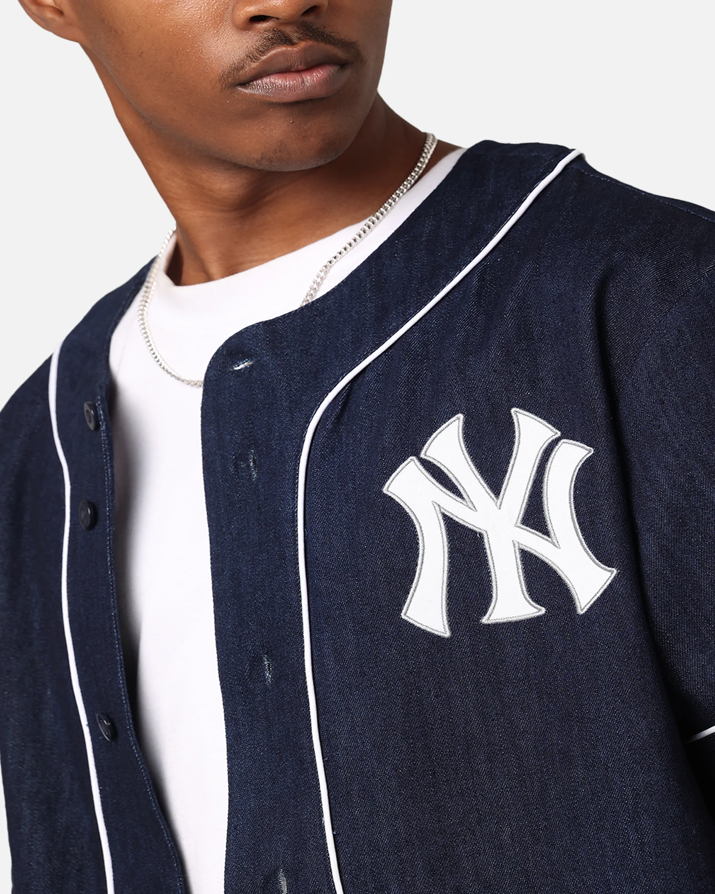 Majestic Athletic New York Yankees Denim Button Up Shirt Washed Navy Denim - Image 6