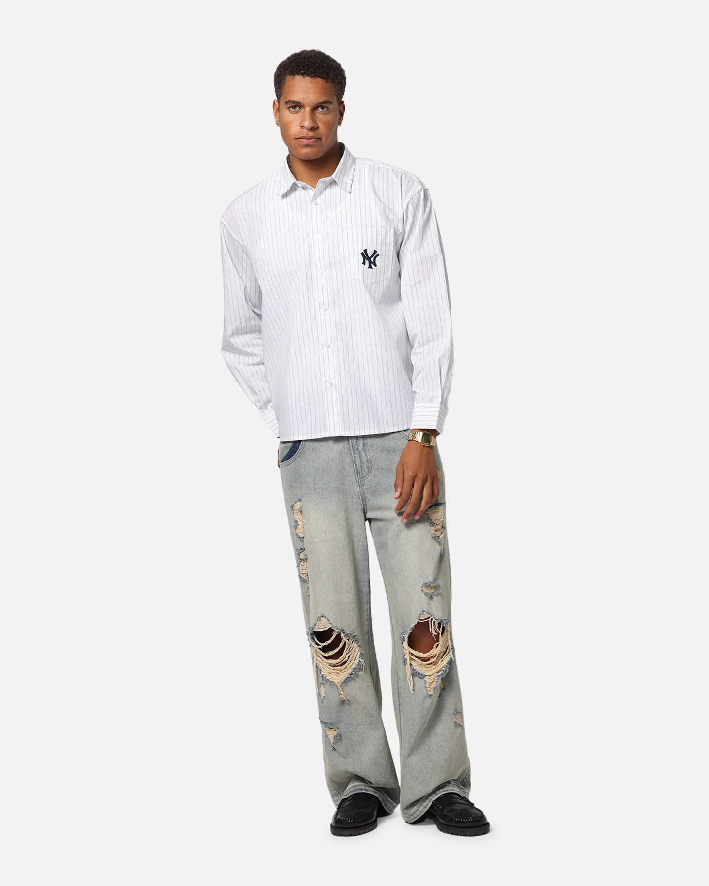 Majestic Athletic New York Yankees Pinstripe Button Up Shirt Optic White - Image 2