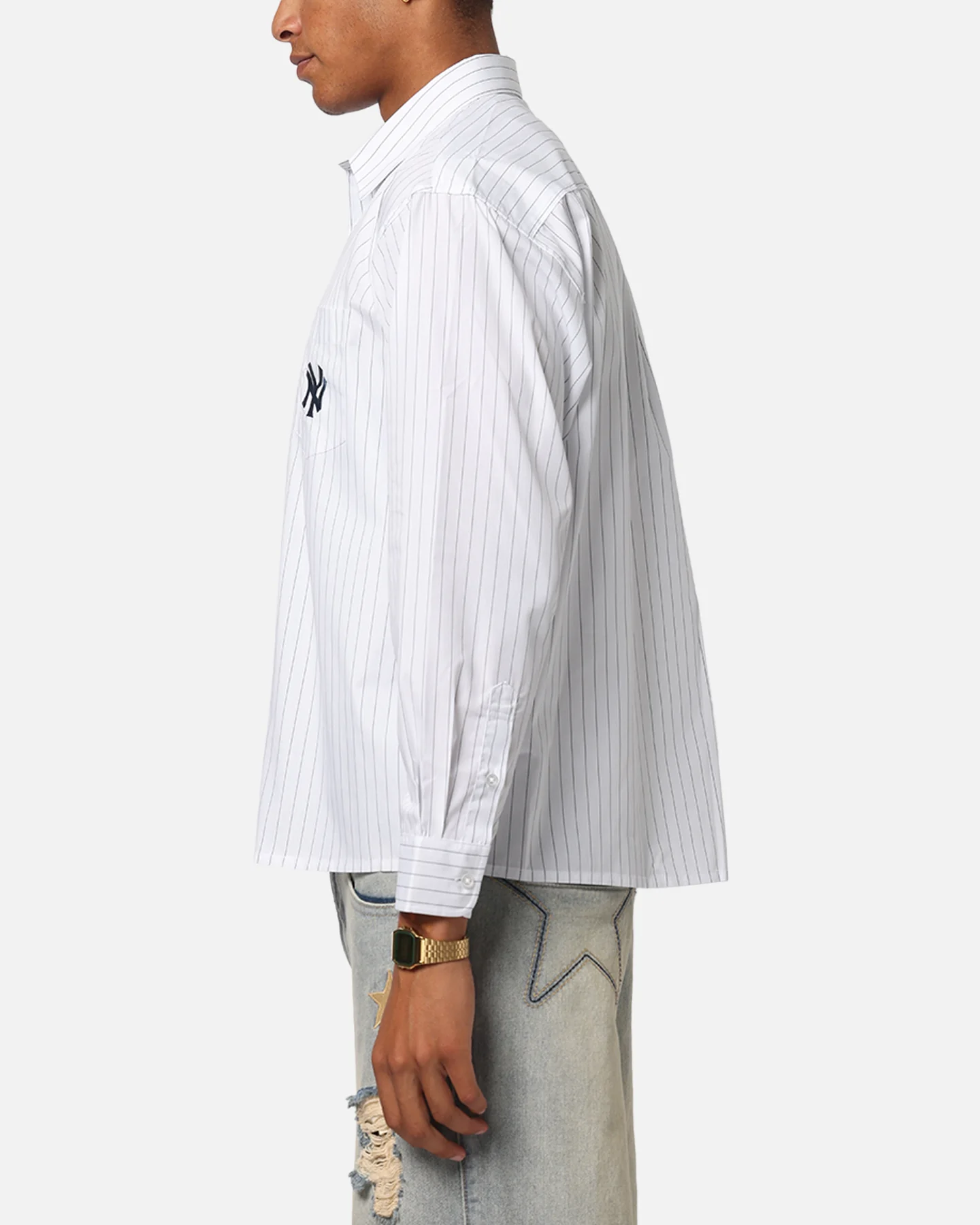 Majestic Athletic New York Yankees Pinstripe Button Up Shirt Optic White - Image 5