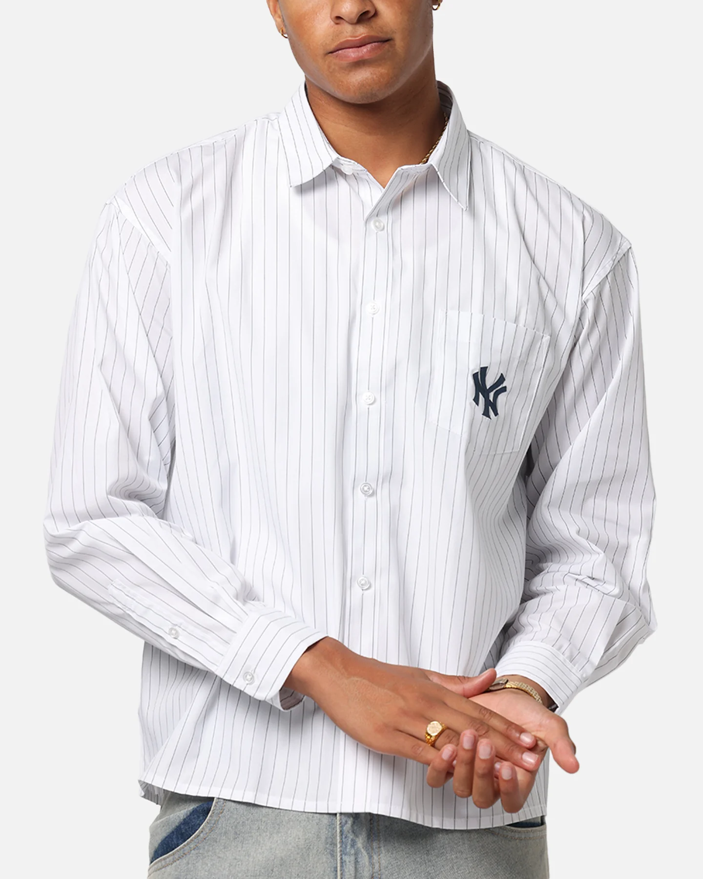 Majestic Athletic New York Yankees Pinstripe Button Up Shirt Optic White - Image 6