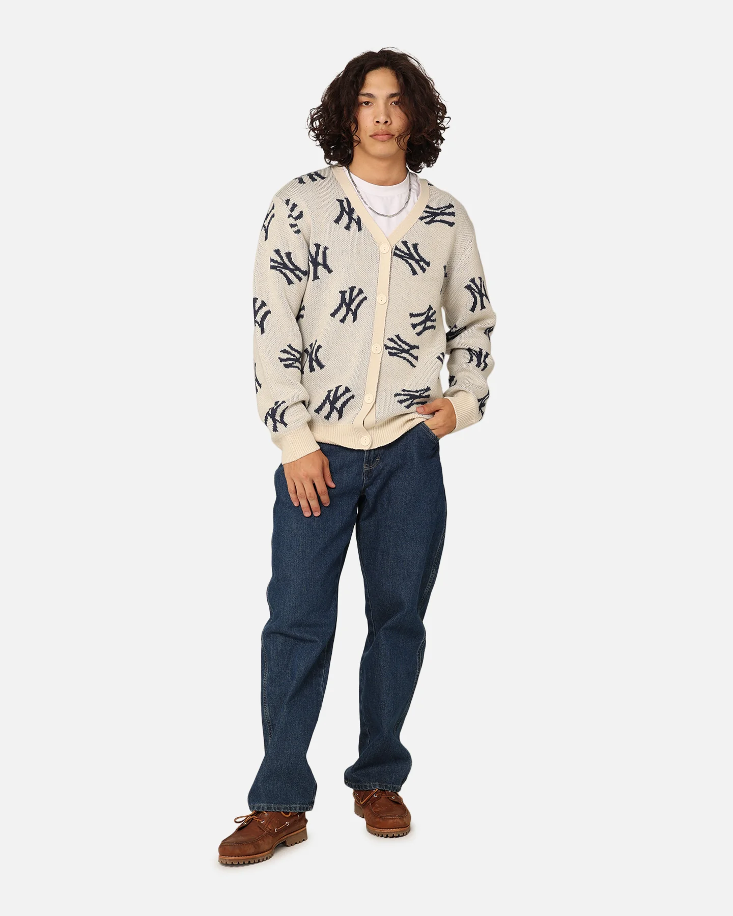 Majestic Athletic New York Yankees Shaggy Knit Varsity Cardigan Whitecap Grey - Image 7