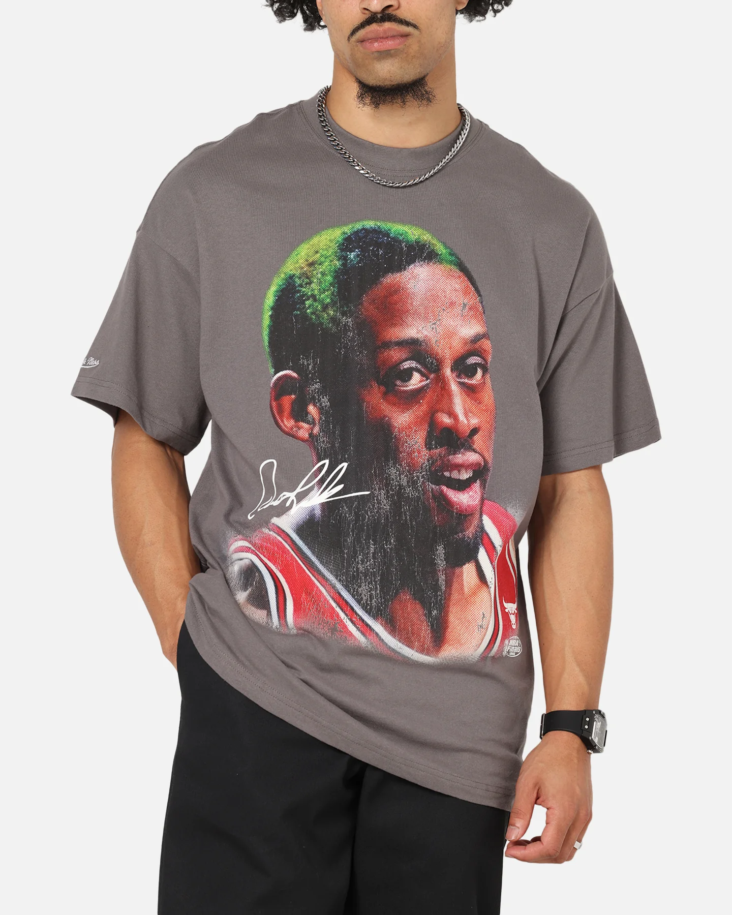 Mitchell & Ness Chicago Bulls Dennis Rodman Big Head T-Shirt Charcoal Grey - Image 6