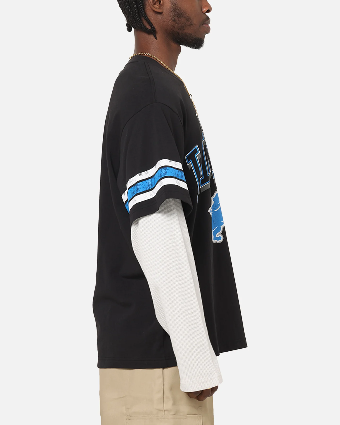 Mitchell & Ness Detroit Lions Waffle Mock Layer Long Sleeve T-Shirt Black - Image 4