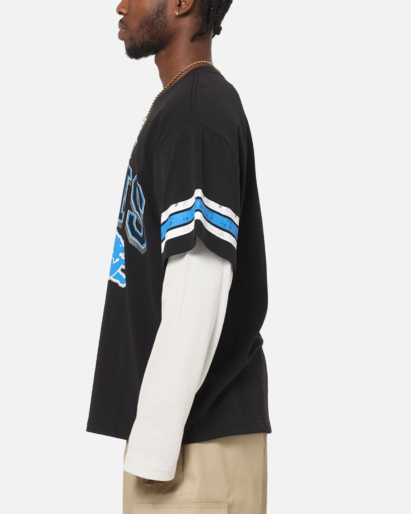 Mitchell & Ness Detroit Lions Waffle Mock Layer Long Sleeve T-Shirt Black - Image 5