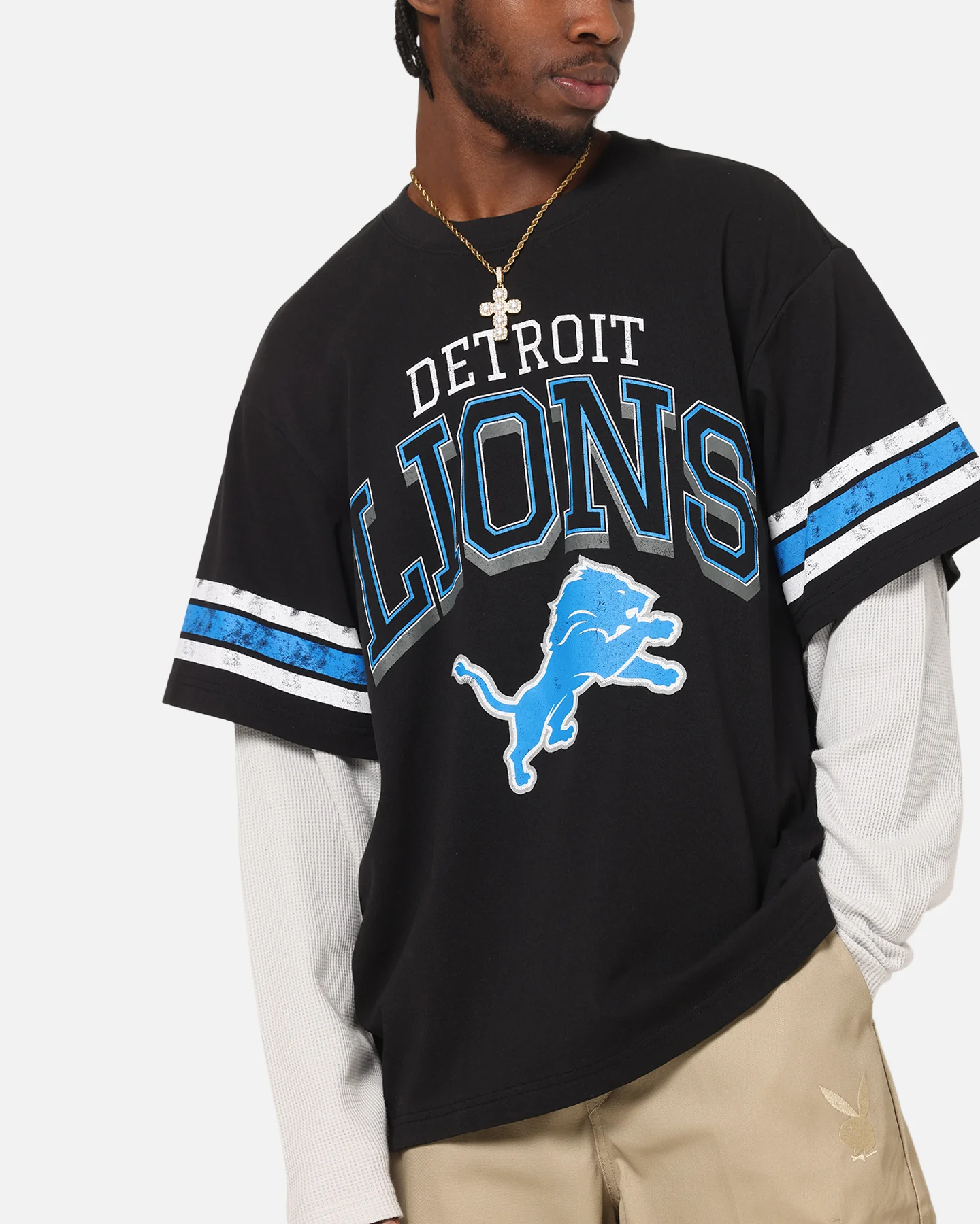 Mitchell & Ness Detroit Lions Waffle Mock Layer Long Sleeve T-Shirt Black - Image 6
